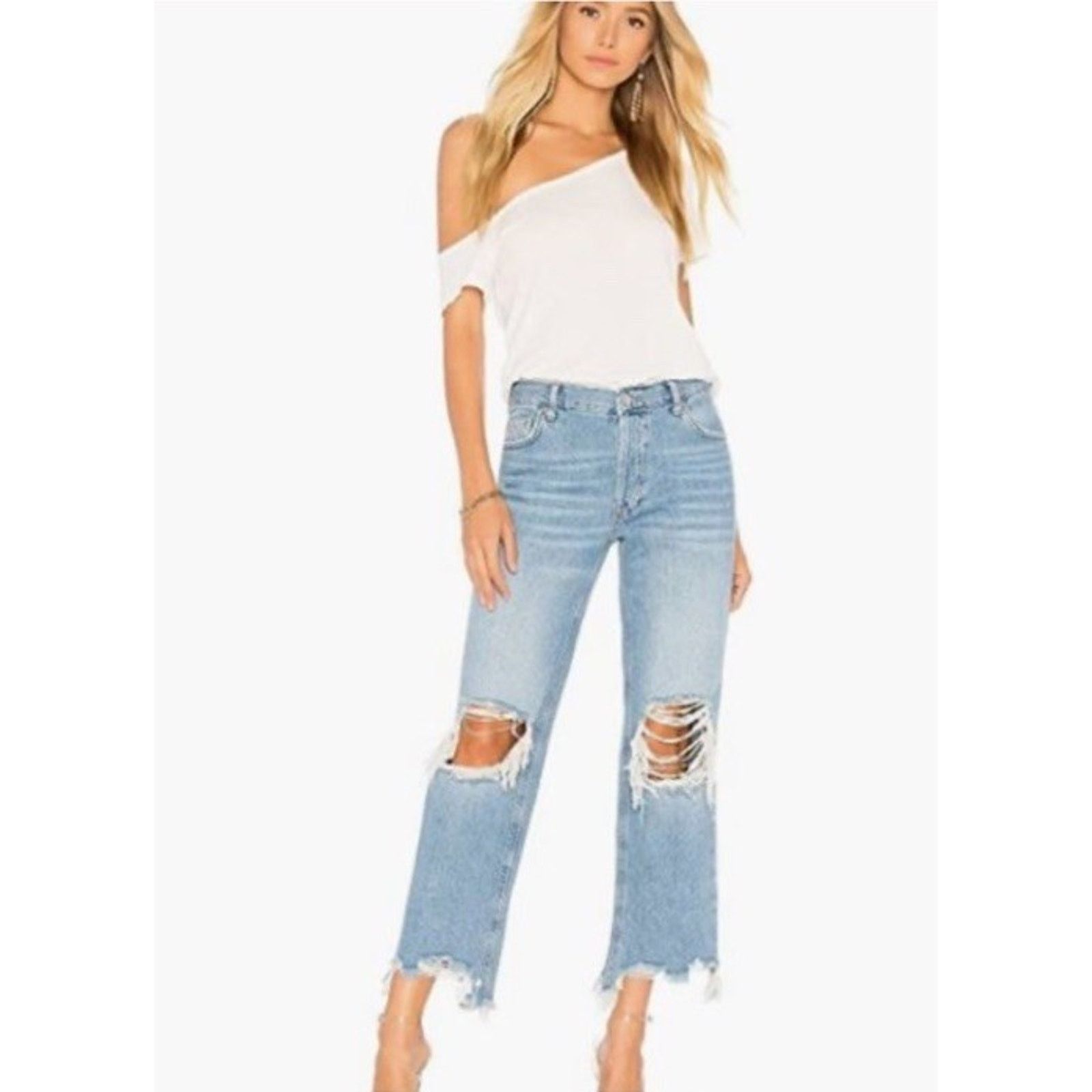 FREE PEOPLE Maggie Mid Rise Straight Leg Jeans Distressed 31