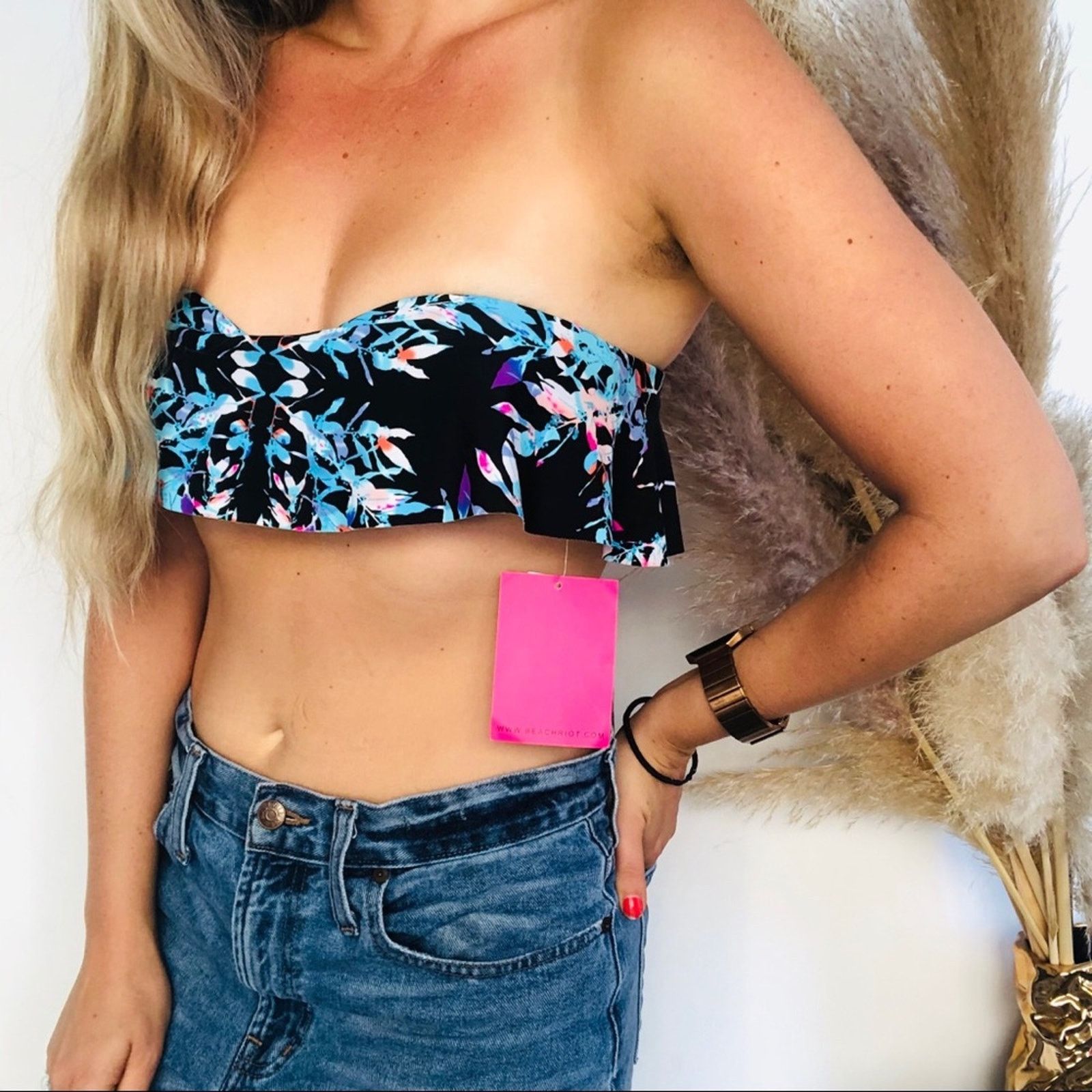 Beach Riot NEW BEACH RIOT Black White Blue Floral Bandeau Bikini Swim Size L / US 10 / IT 46 - 1 Thumbnail