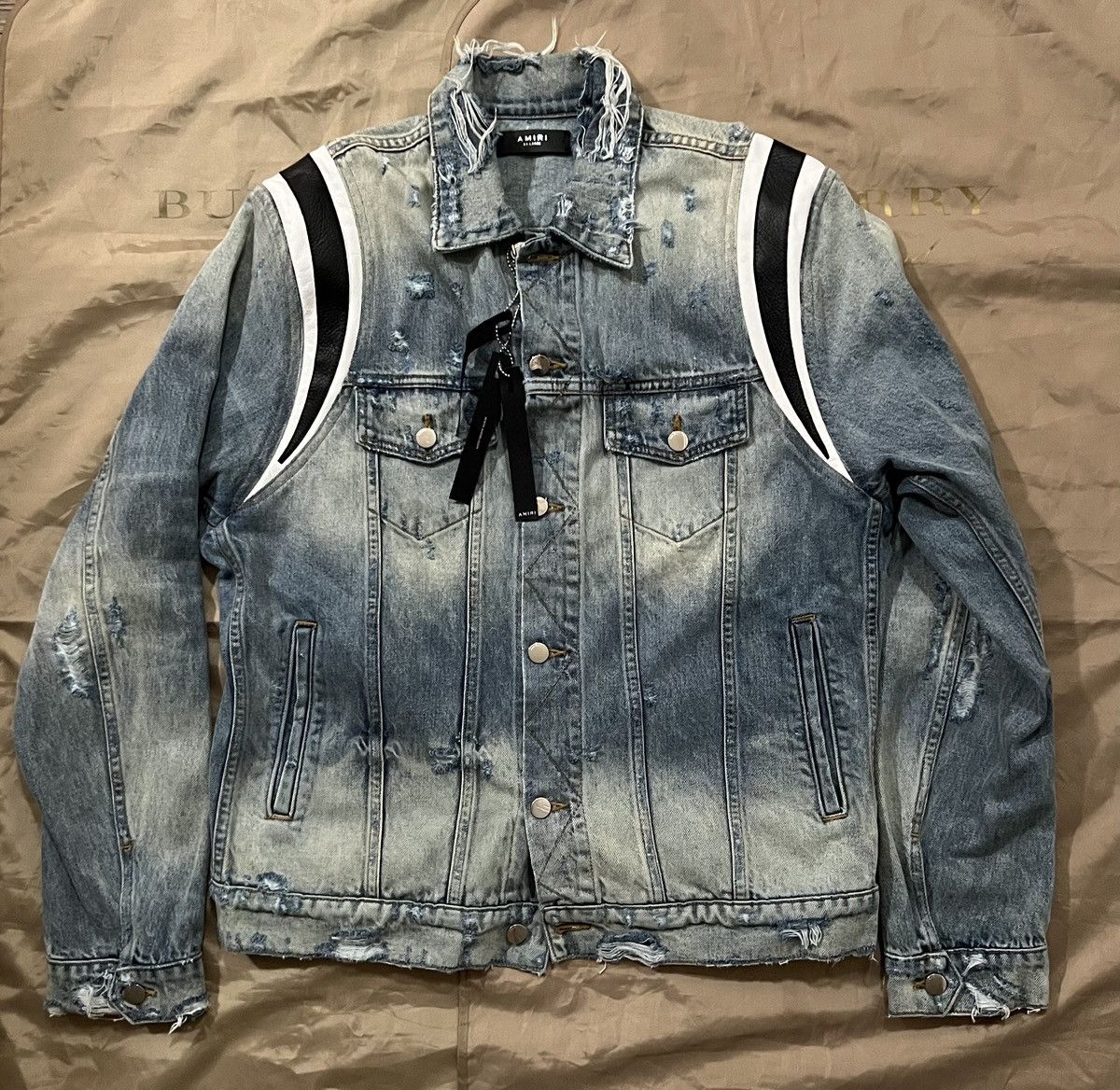 Amiri AMIRI Leather Trimmed Distressed Denim Jacket blue size XXL Size US XXL / EU 58 / 5 - 1 Thumbnail