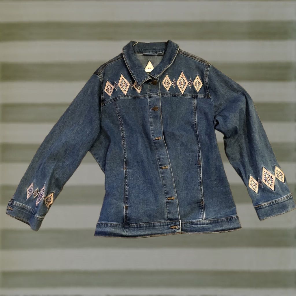 Vintage VINTAGE Koret Embroidered Jacket Southwestern Diamond Design Plus Size 20W Woman Blue Cotton Blend Shirt Womens Size 42" / US 20 - 1 Thumbnail