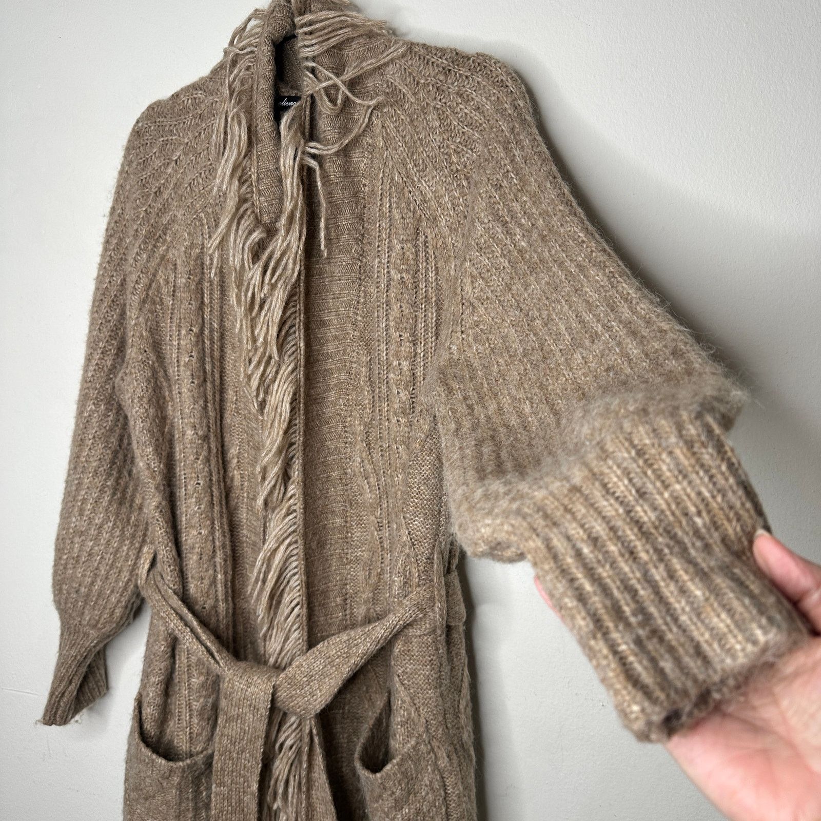 Other Olivaceous Tan Cream Cable Knit Fringe Trim Midi Cardigan L Size L / US 10 / IT 46 - 4 Thumbnail