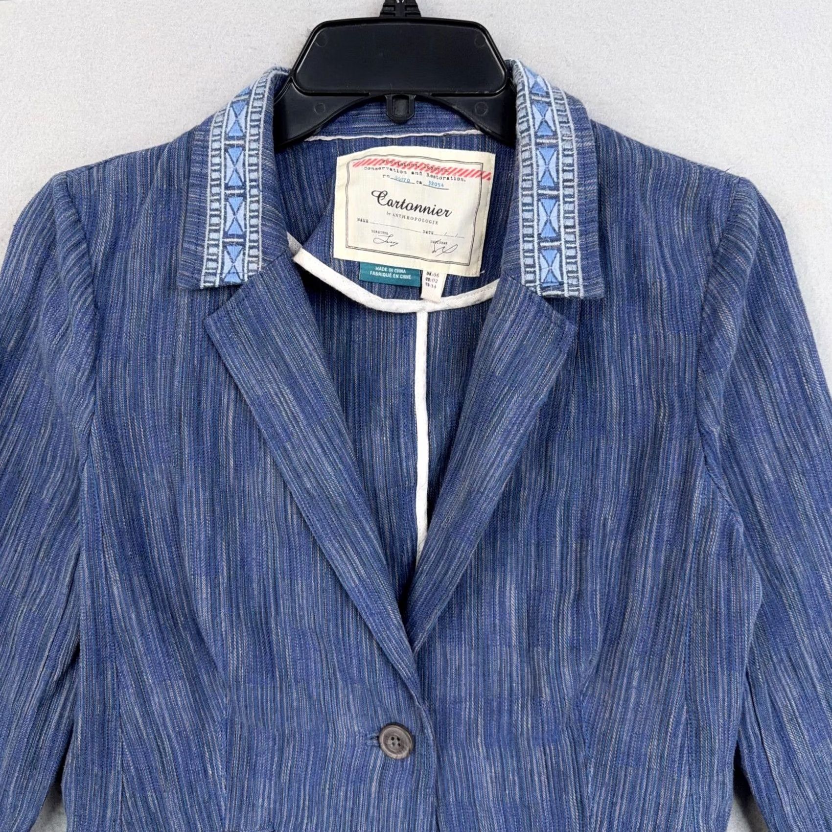 Vintage Cartonnier Blazer Womens 2 Blue Stripe Linen Cotton Embroidered Collar Jacket - Pre-Owned 2 Size XS / US 0-2 / IT 36-38 - 4 Thumbnail