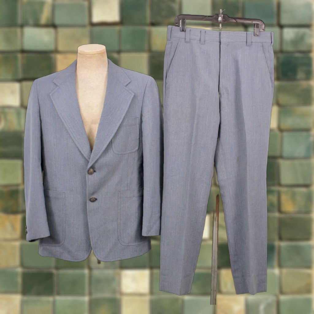 Vintage VINTAGE Mens VTG 70s 2 PC Blue/Grey Leisure Suit Sz M 1970s Disco Polyester Mens Size 40R - 1 Thumbnail