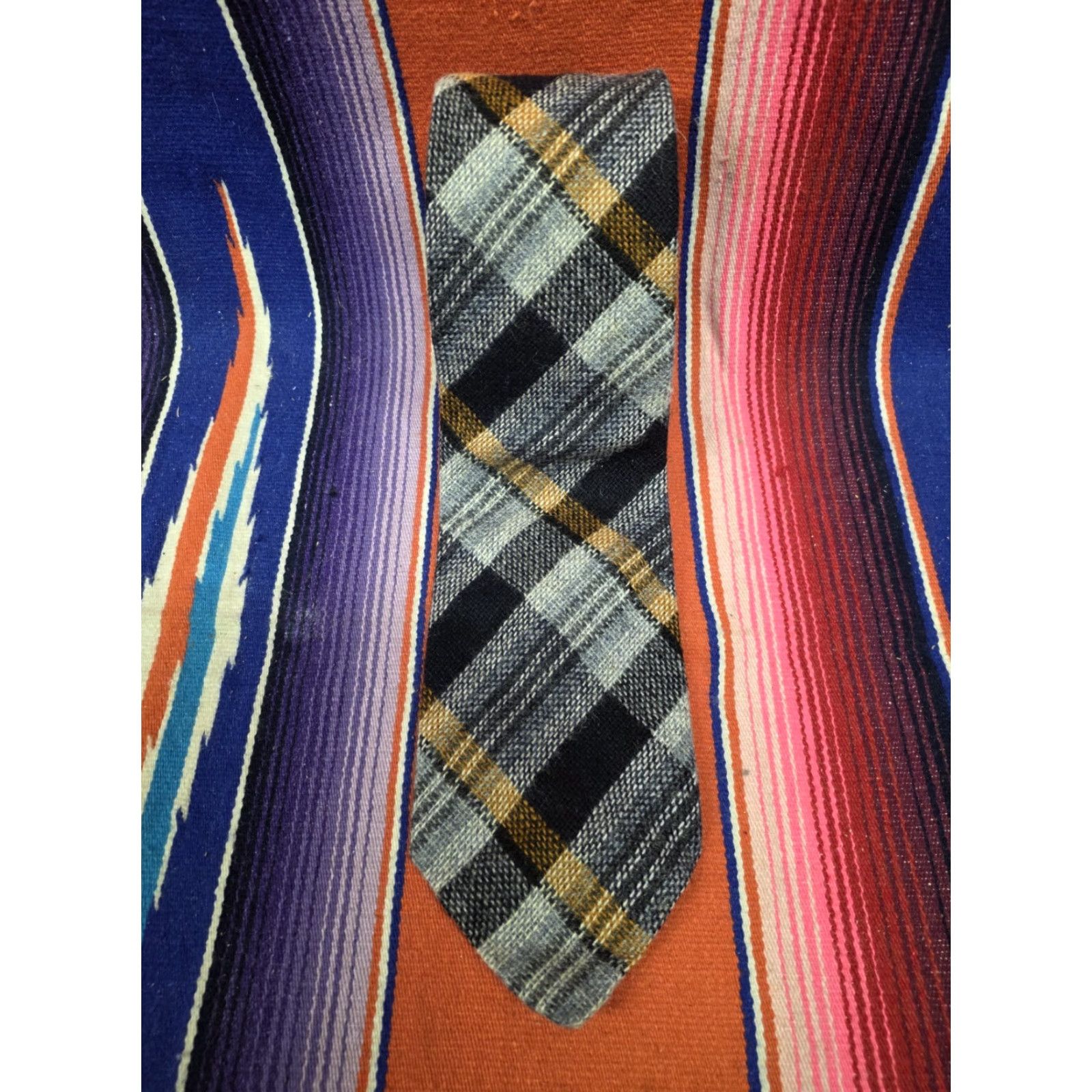 Greats VINTAGE Grenadier Tie Wool Knit Blue Plaid 100% Wool Made In Great Britain Men One Size Blue Plaid Pointed Retro 60s 70s? Size ONE SIZE - 2 Thumbnail