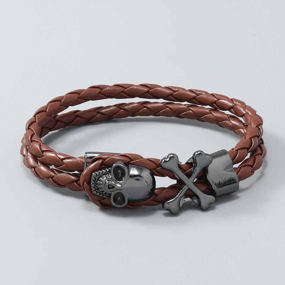Jewelry × Leather Brown Leather Goth Skull Bracelet Size ONE SIZE - 2 Thumbnail