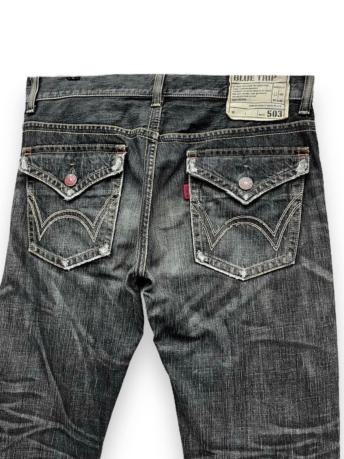 Edwin × Japanese Brand × Vintage FYE FLARE💥EDWIN BLUE TRIP Distressed Black MADE IN JAPAN💥 Size US 34 / EU 50 - 9 Thumbnail
