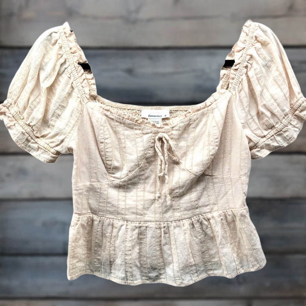 Vintage Urban Romantics Puff Sleeve Smocked Top Womens M Beige Peplum Crop Size M / US 6-8 / IT 42-44 - 1 Thumbnail