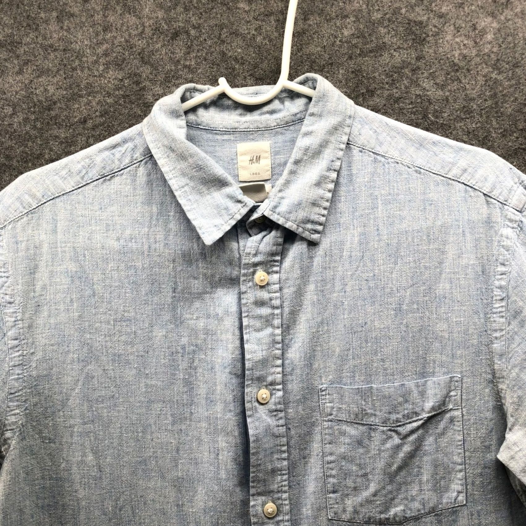 H&M H&M Cotton Linen Shirt Mens M Short Sleeve Button Up Light Blue Heather Size US M / EU 48-50 / 2 - 3 Thumbnail