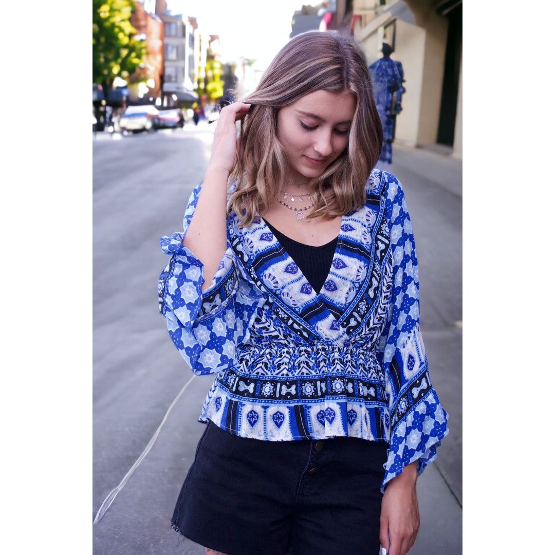 Free People NWT - Free People Rosalie Wrap Top Indigo Combo Size: XS Size XS / US 0-2 / IT 36-38 - 1 Thumbnail