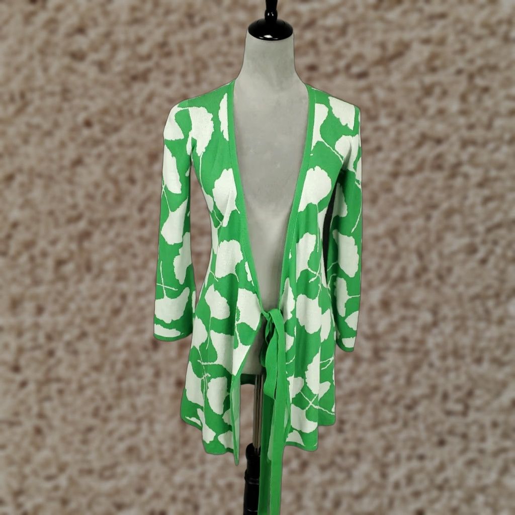 Diane von Furstenberg Diane von Furstenberg Wrap Cardigan Womens XXS Green White Tie Front Ginko Size XXS / US 00 / IT 34 - 1 Thumbnail