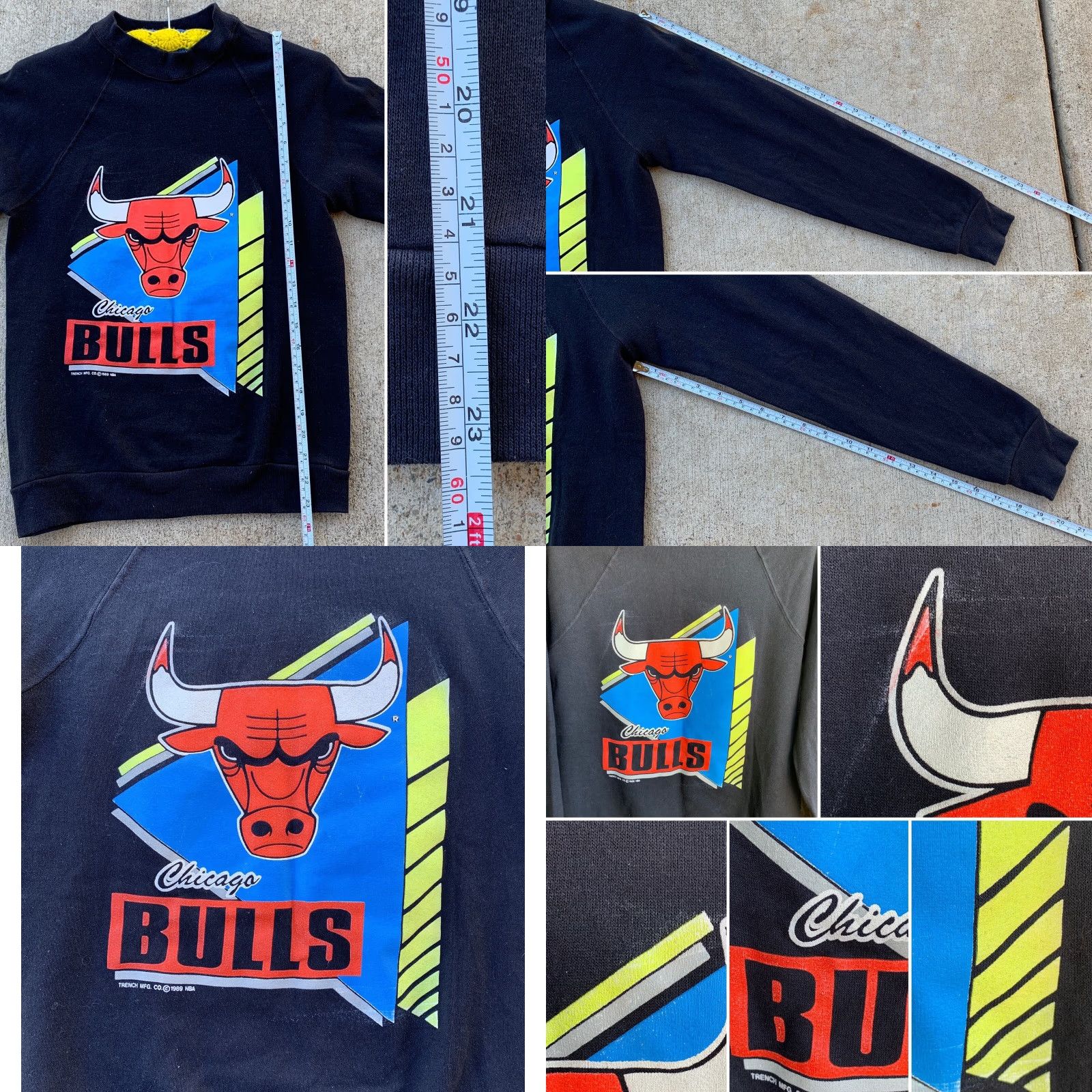 CO VINTAGE Chicago Bulls Sweatshirt Trench Mfg Co c 1989 NBA 1980s Size S Mens Black Cotton Blend Pullover Graphic Print 80s Sports Sweatshirt Size US S / EU 44-46 / 1 - 8 Thumbnail