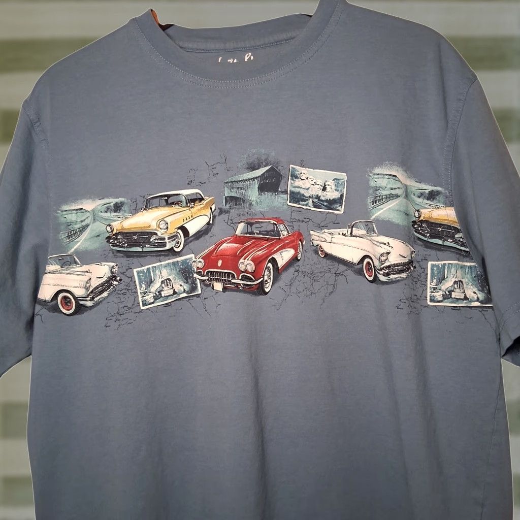 Vintage North River Shirt L Blue USA Travel Mount Rushmore Car Redwood Tree Driver Travel Graphic Crew Neck Short Sleeve Cotton T-Shirt Men Regular Size US L / EU 52-54 / 3 - 1 Thumbnail