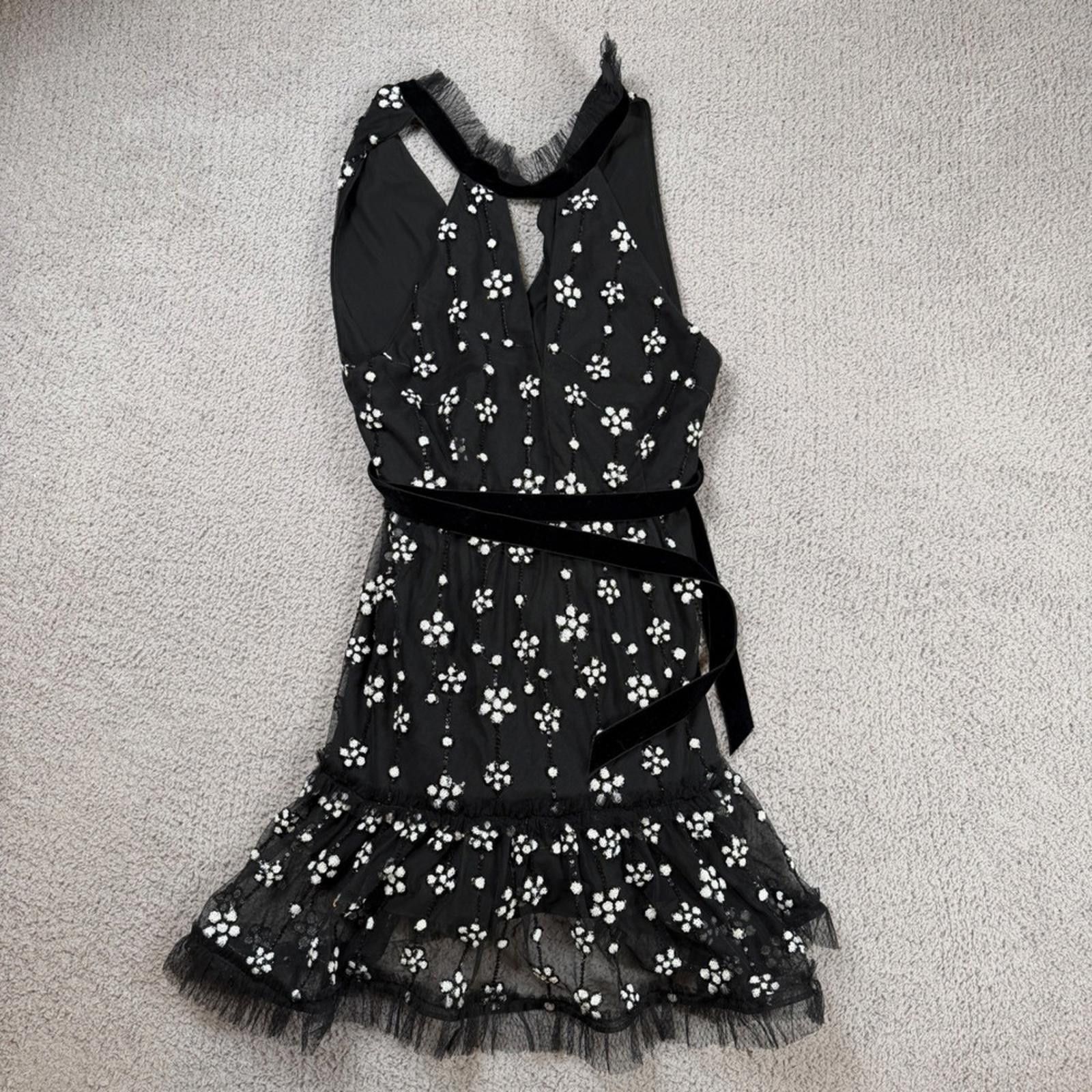 Alexis Mabille Alexis Black Floral Sequin Tulle Mini Dress Velvet Tie Size M / US 6-8 / IT 42-44 - 2 Thumbnail
