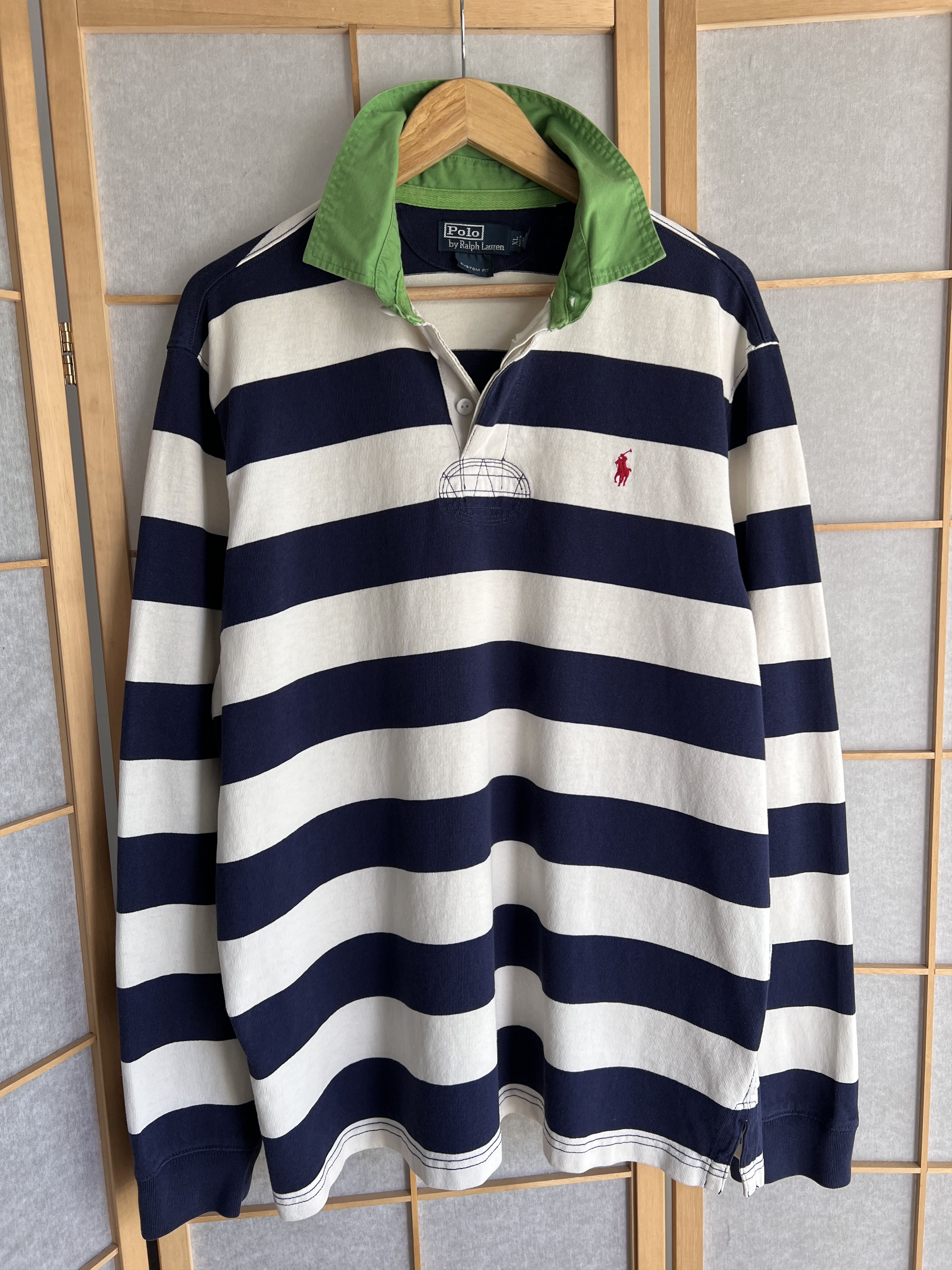 90s “POLO By Ralph Lauren” rugger shirt VINTAGE RALPH LAUREN NEW YORK BLUE GREEN STRIPED RUGBY POLO
