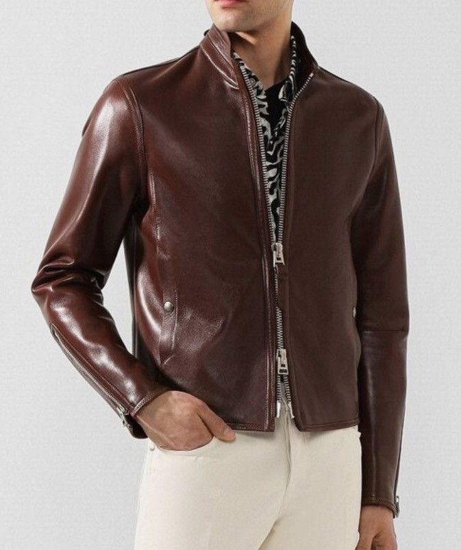 Tom Ford Tom Ford Plongé Leather Racer Jacket TFL717-BU401 Brown Size US XXL / EU 58 / 5 - 3 Thumbnail