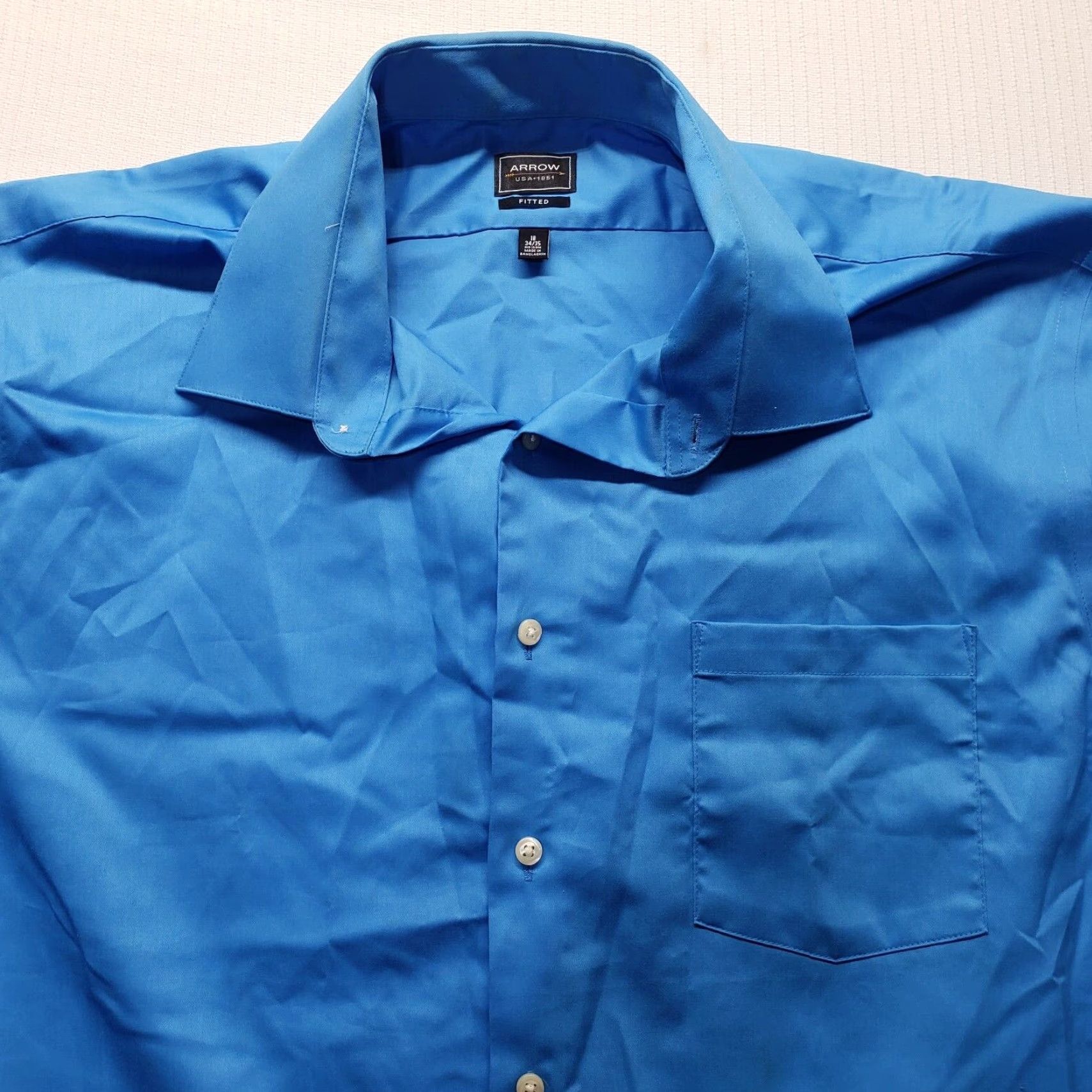 Arrow Arrow Shirt Men Button-Up Solid Blue Long Sleeve 18 34/35 Regular Fit Cotton Blend Polo Collar Button-Front Size US XXL / EU 58 / 5 - 2 Thumbnail