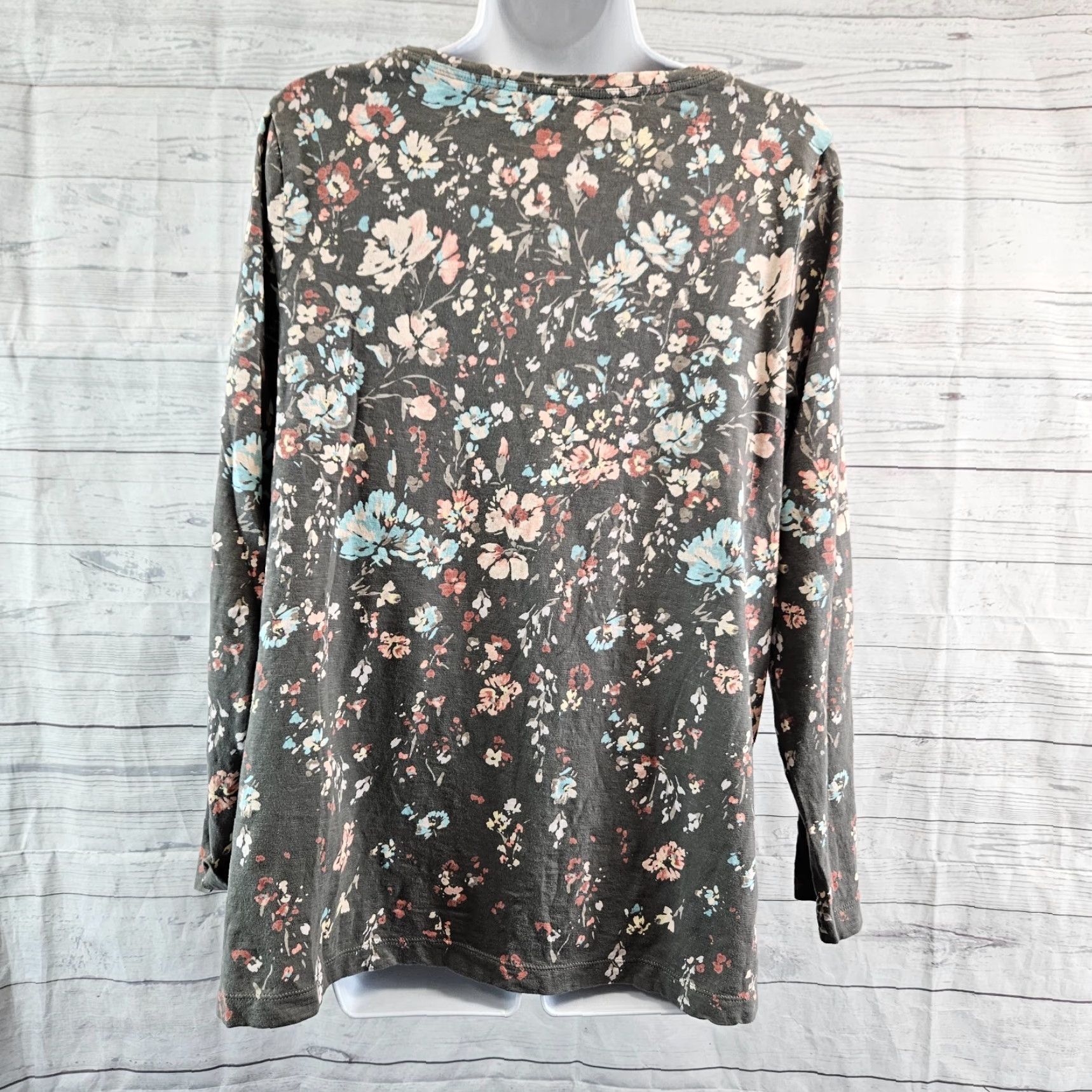 J. Jill Pure Jill Womens Floral Asymmetrical Tunic Sz Medium Gray Blue Organic Cotton Shirt Size M / US 6-8 / IT 42-44 - 4 Thumbnail