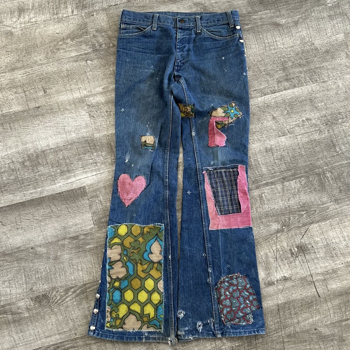 Vintage 70s Hippie Dome Studded Patchwork Bell Bottoms Size US 32 / EU 48 - 1 Thumbnail