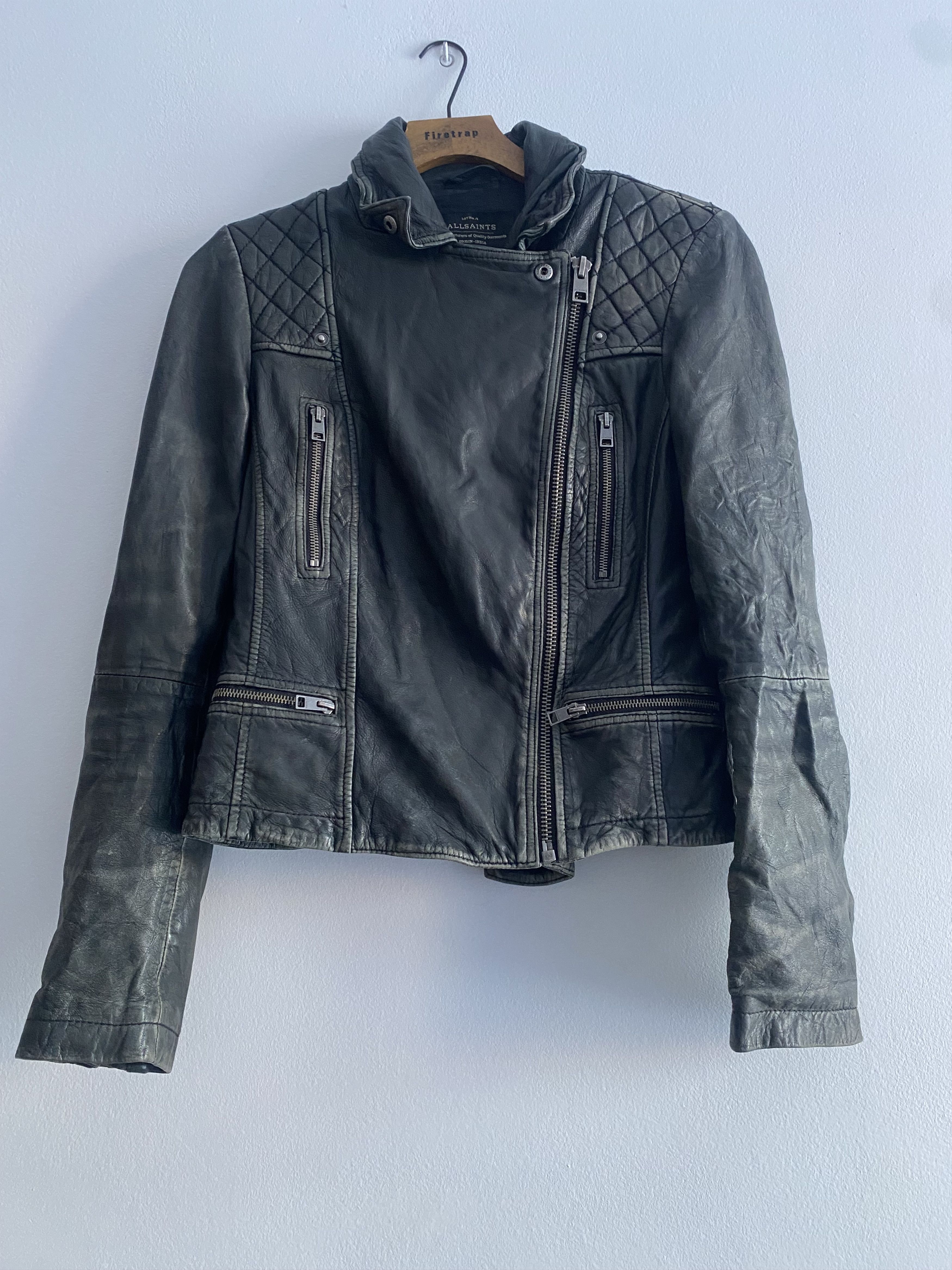 AllSaints Cargo Leather Biker Jacket - Distressed Black/Grey