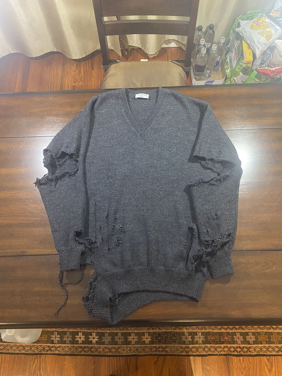 image of Balenciaga Distressed Knit Sweater V-Neck in Grey, Men's (Size Small)