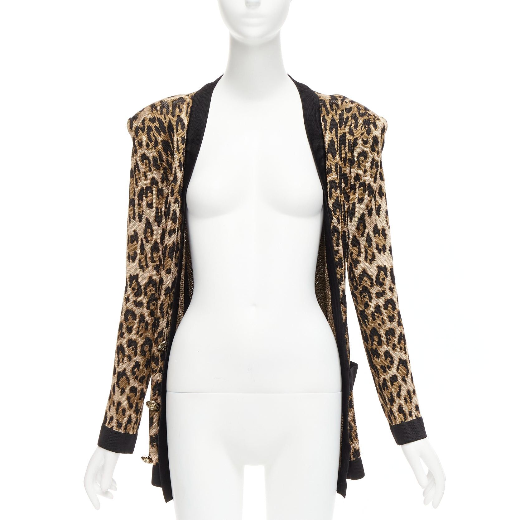 image of Balmain Brown Leopard Jacquard Power Shoulder Gold Buttons Cardigan Fr38 M, Women's (Size Medium)