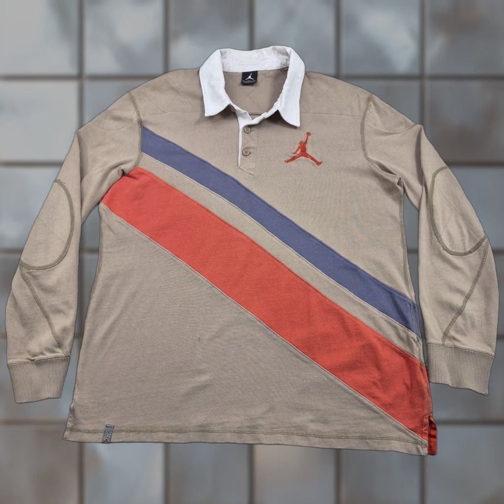 Jordan Brand Jordan Rugby Polo Shirt Mens XL Tan Long Sleeve Diagonal Stripe Jumpman Top Size US XL / EU 56 / 4 - 1 Thumbnail