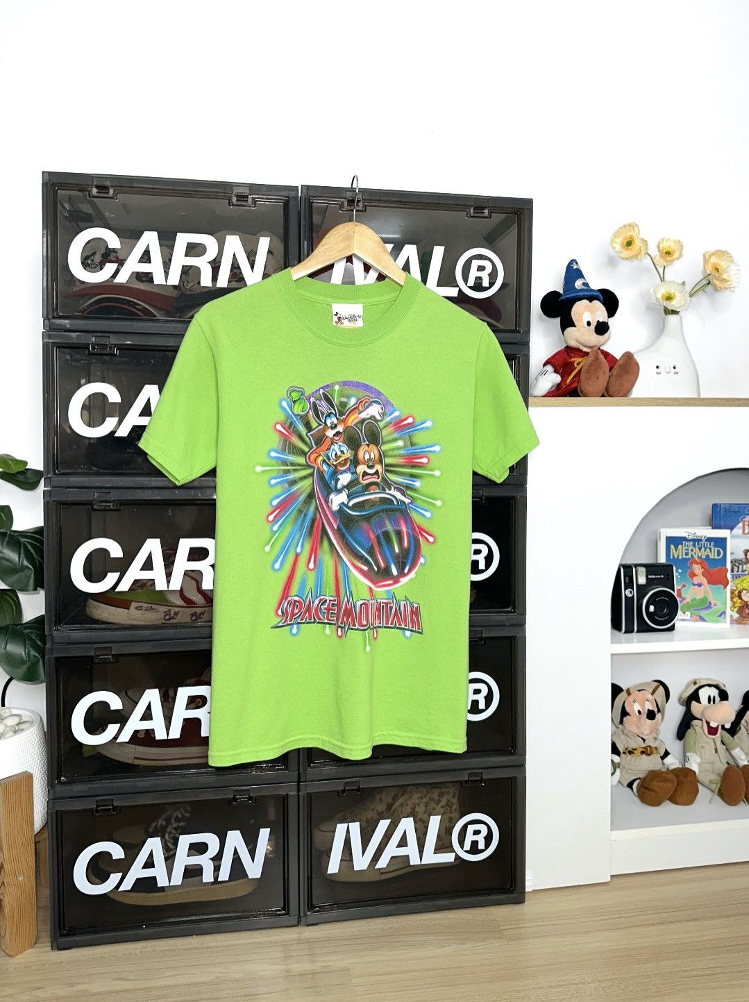 image of Cartoon Network x Disney Vintage Disney Space Mountain T-Shirt Mickey Donald Goofy in Lime (Size Sm