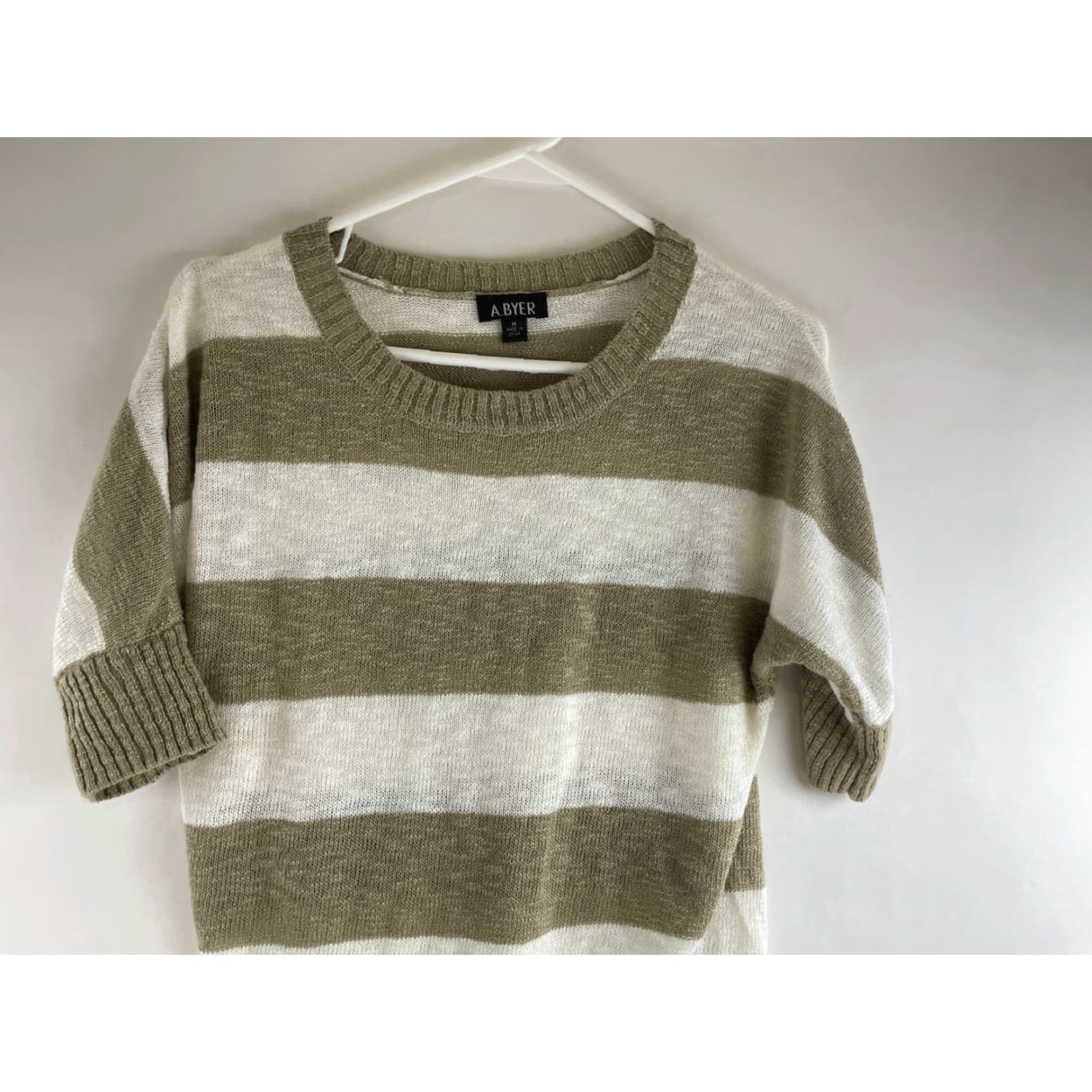 Vintage A. Byer Sweater Womens Size M Brown Cream Striped Pullover Half Sleeve Crew Neck Casual Modern Fall Winter Spring - Womens Size M / US 6-8 / IT 42-44 - 3 Thumbnail