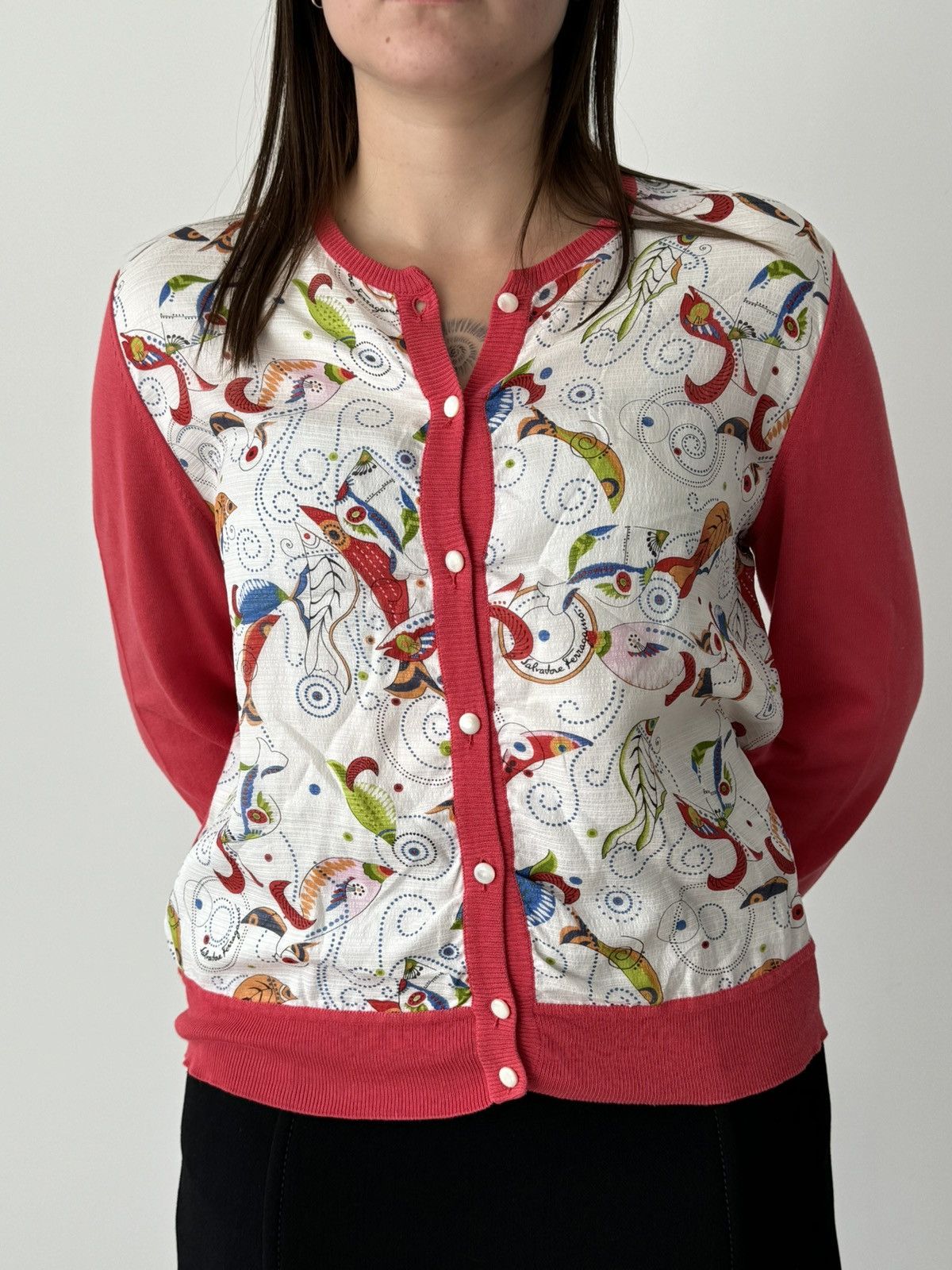 Vintage 90s Salvatore Ferragamo ‘Fish’ Silk Print Cardigan