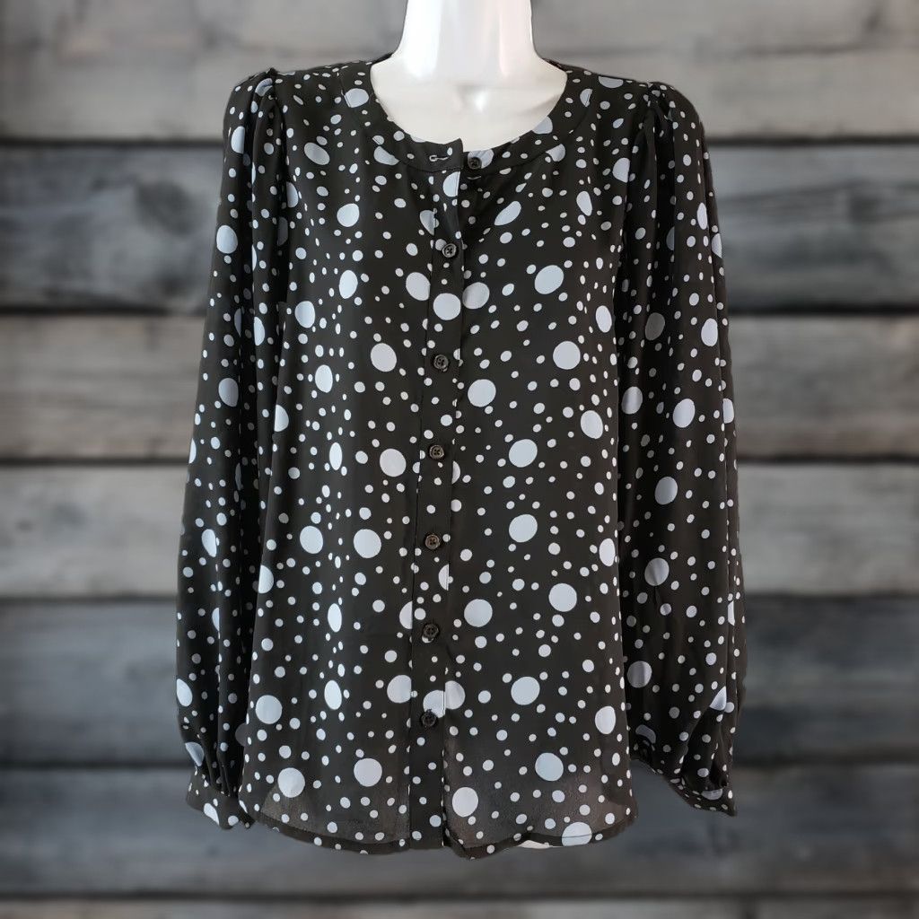 Vintage Who What Wear Womens Button Front Top M Black/Blue Polka Dots Shirt Womens M Black Polka Dot Button-Up Top Size M / US 6-8 / IT 42-44 - 1 Thumbnail