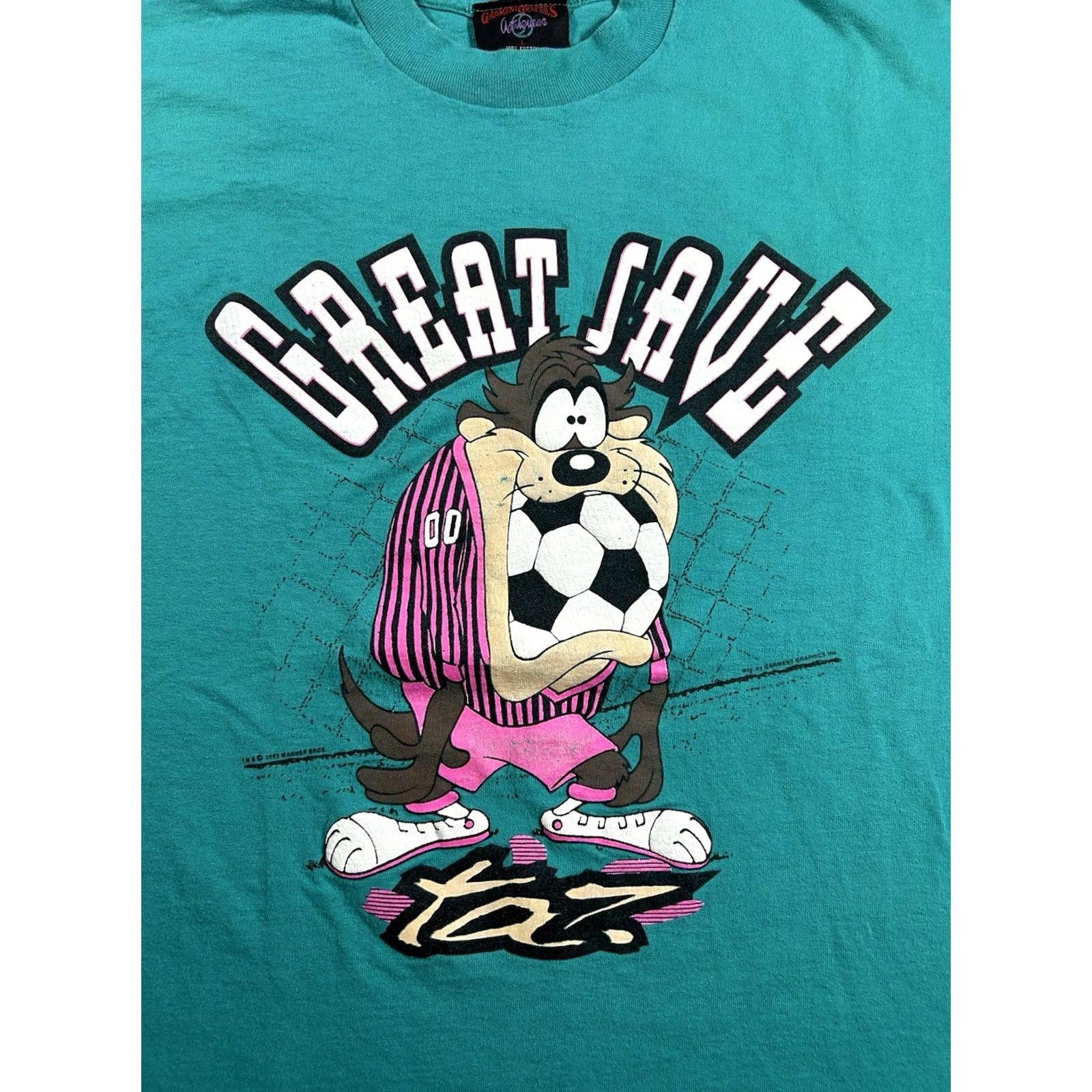 Vintage VINTAGE Taz Soccer Great Save Tee Shirt 1993 Looney Tunes Large 21.25x28.75 Blue/Green Mens Womens Unisex Adults T-Shirt Cartoon 90s Warner Bros Size US L / EU 52-54 / 3 - 2 Thumbnail