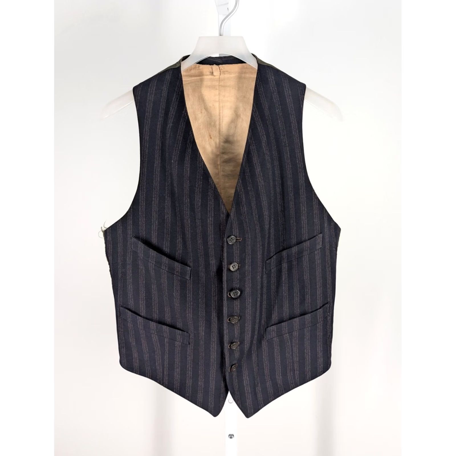 Vintage VINTAGE 1920s 1930s Waistcoat Vest Striped Wool Lapeled Back Buckle Front 6-Button 4-Pocket Mens Wool/Natural Cotton Lined Blue 38 Mens Size US XXS / EU 40 - 2 Thumbnail