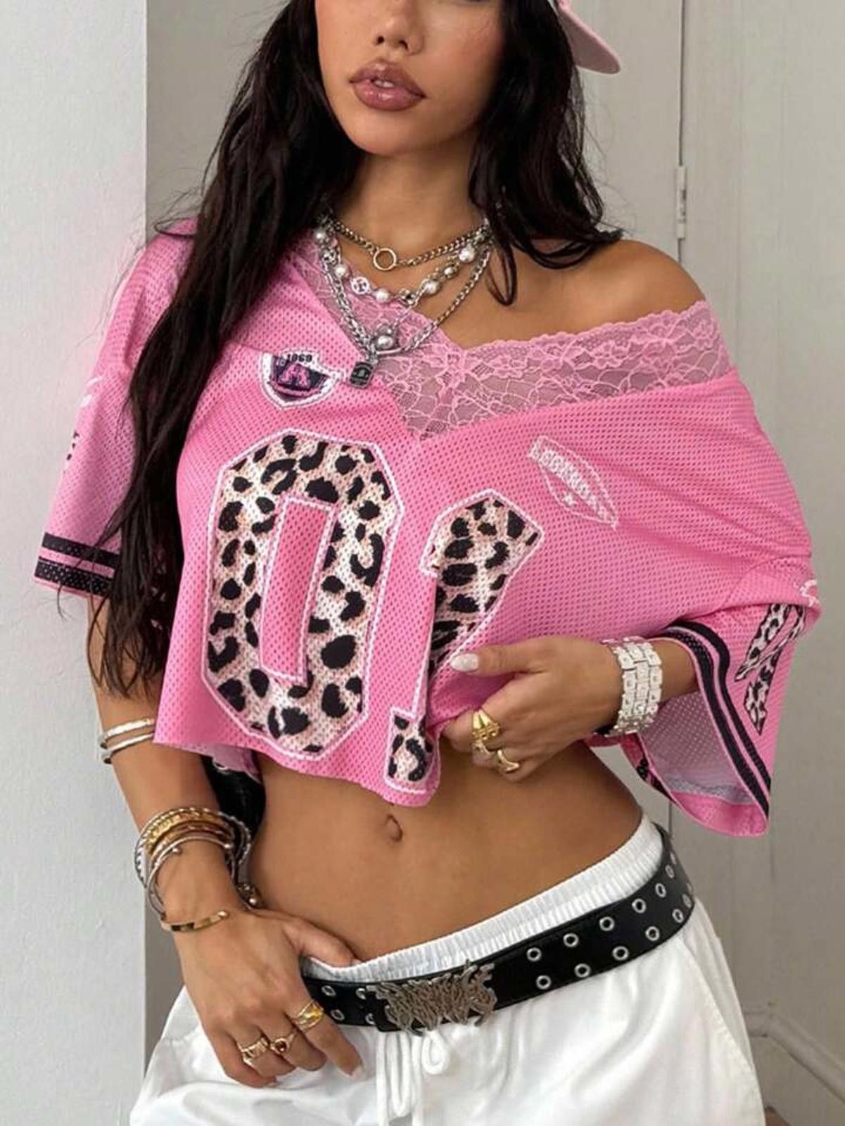 Other 01 Leopard Pink Lace Mesh Trim Crop Top Jersey Size ONE SIZE - 1 Thumbnail