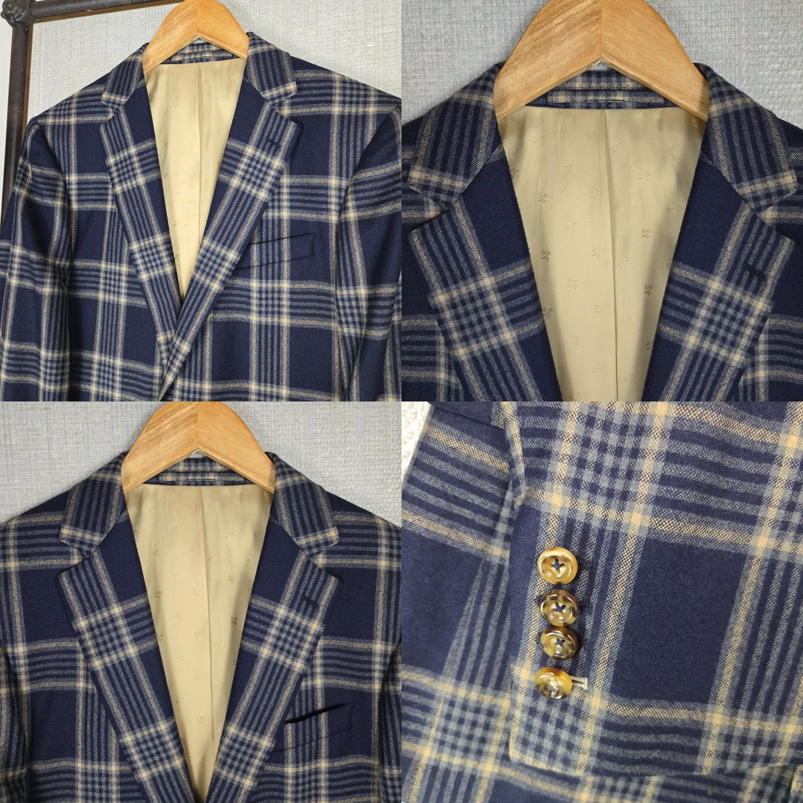 Vintage Custom Bespoke Mens Size 38 Blue Windowpane Plaid Soft Wool Jacket Blazer - 100% 4 Button Front, Double Vented, Notch Lapel Size 38R - 9 Thumbnail