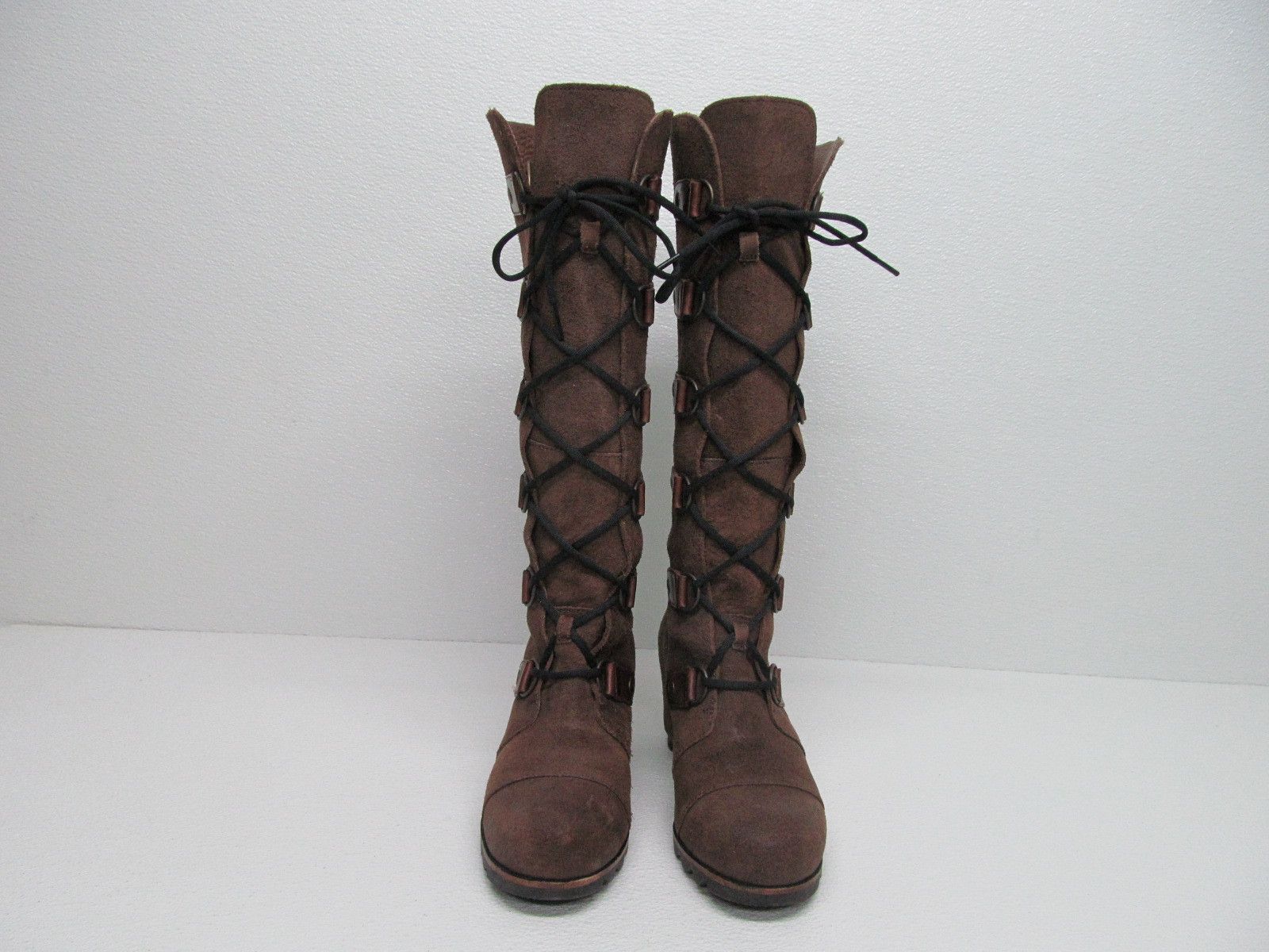 image of Sorel Joan Of Arctic Knee High Lace Tie Wedge Boots in Brown, Women's (Size 8)