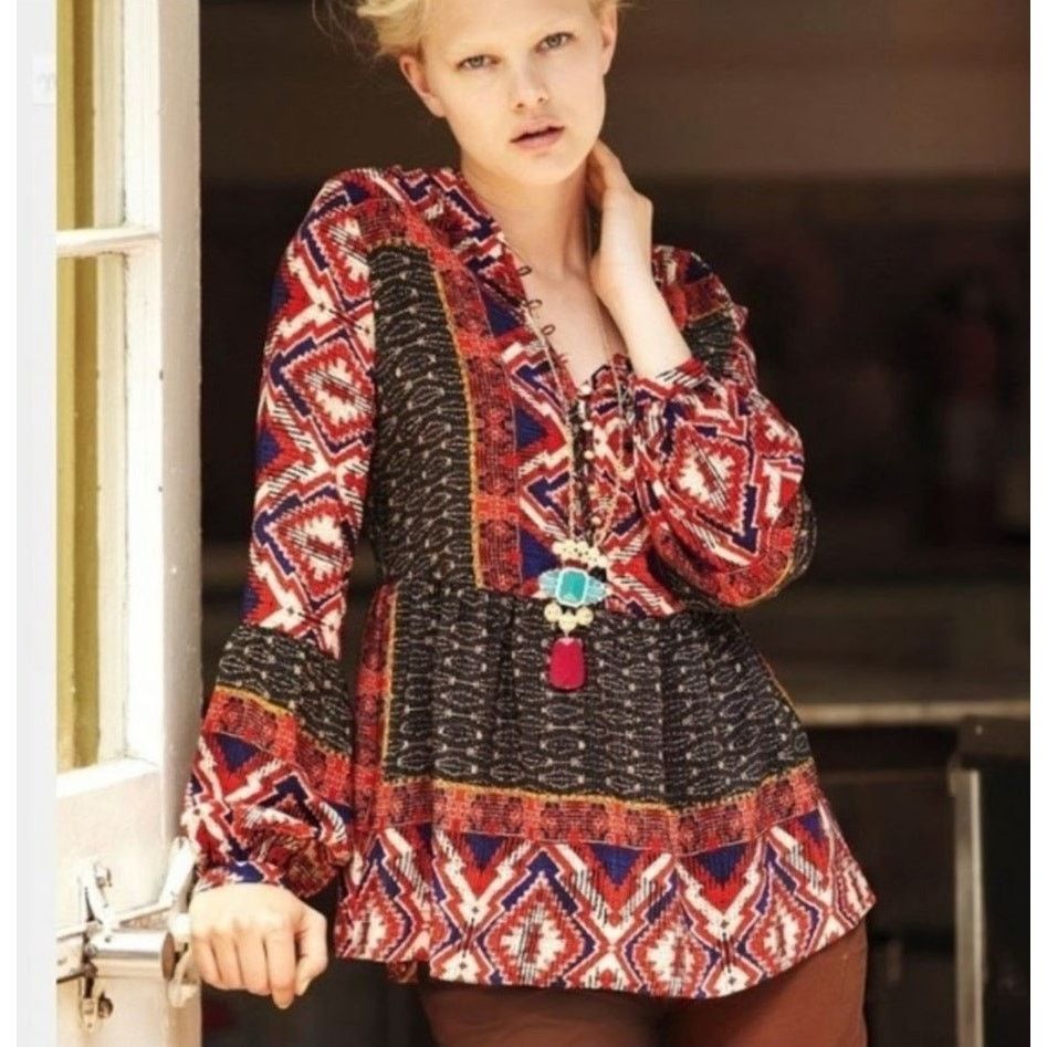 Anthropologie Anthro Konrad + Joseph Red Zydeco Peasant Silky Tunic Small Size S / US 4 / IT 40 - 1 Thumbnail
