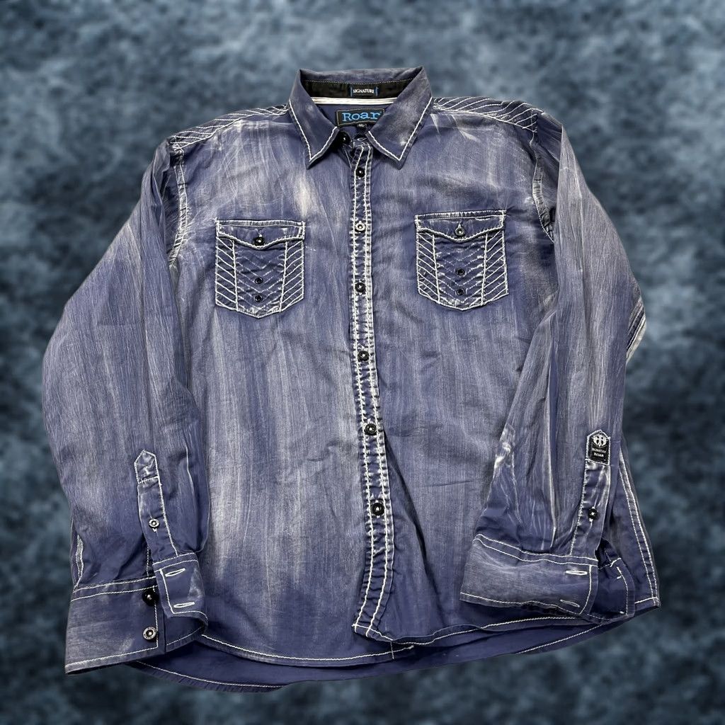 Roar Roar Shirt Mens XL Blue Embroidered Faded Distress Signature Cotton Button Y2K Size US XL / EU 56 / 4 - 1 Thumbnail
