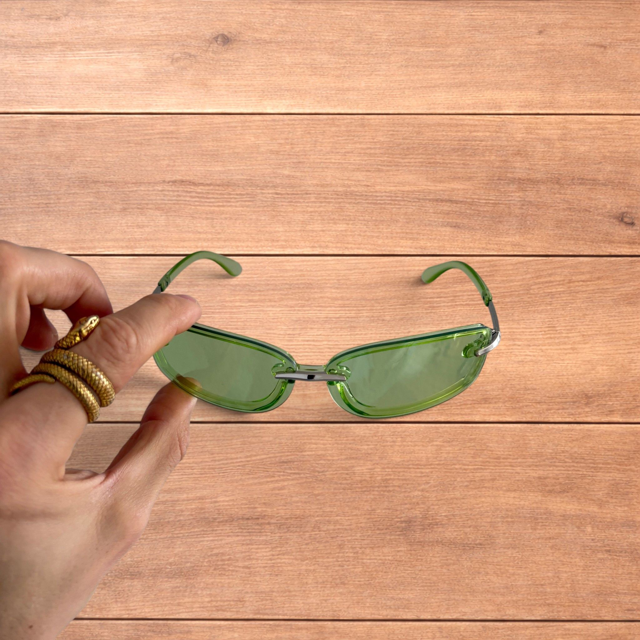 Japanese Brand Rimless rectangle frame sunglasses in green and silver. Size ONE SIZE - 5 Thumbnail