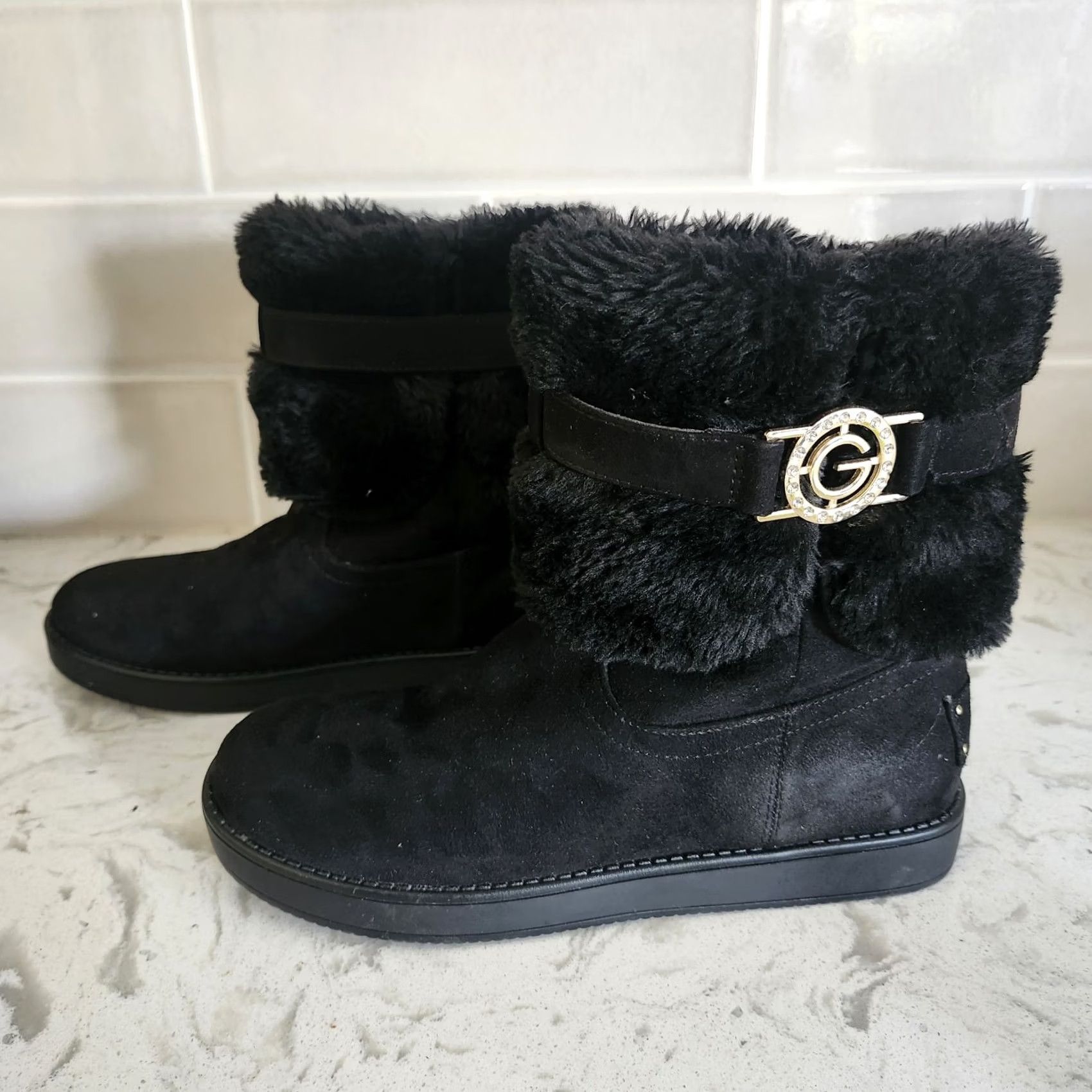 Guess G by Guess Gallion Boots Mid-Calf Womens US 7M Black Faux Fur Lined Fur Trim Medallion Logo Winter Boot Size US 7 / IT 37 - 5 Thumbnail