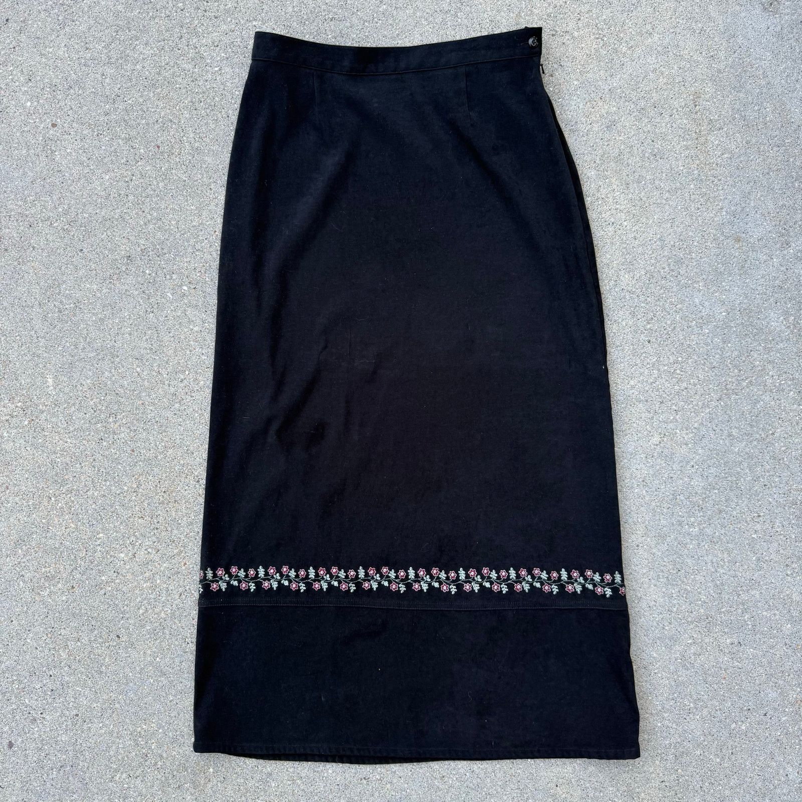 Y2K Black Faux Suede Floral Maxi Skirt Stretch Sz 8