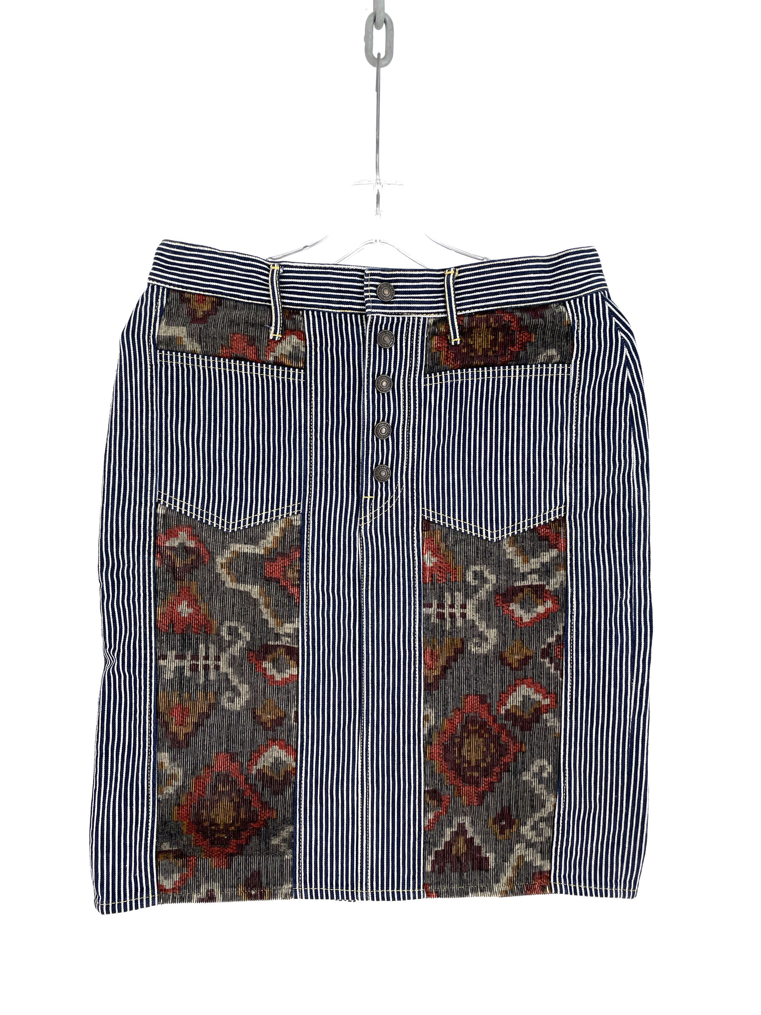 image of Kapital Ortega Corduroy Hickory Stripe Skirt in Blue, Women's (Size 30)