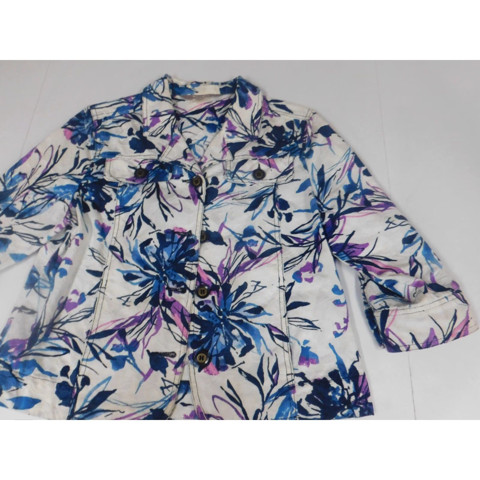 Vintage Tanjay Womens Jacket 6P Floral Button Down Collar Blue Knit Embroidered Solid Long Sleeve Mid-Length Casual Fall Spring 6P Petite Womens Jacket Size M / US 6-8 / IT 42-44 - 2 Thumbnail