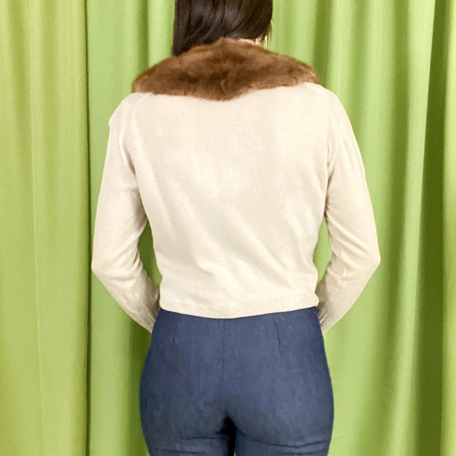 Vintage 60s Vintage Beige Brown Cashmere Cardigan Rabbit Fur Collar Size M / US 6-8 / IT 42-44 - 4 Thumbnail