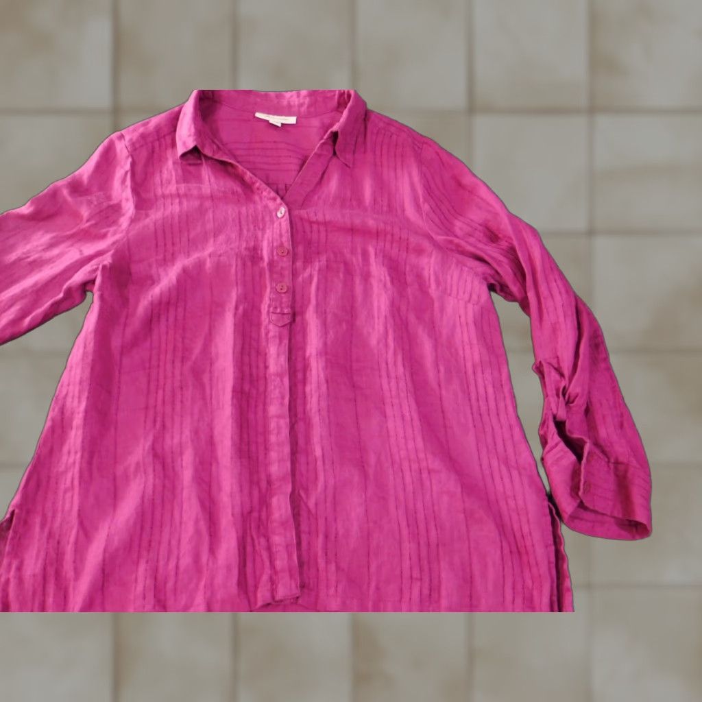 JM Collection JM Collection Button-Up Shirt Womens 18 Pink Linen Knit Pullover Collared Long Sleeve Casual Designer Blouse Striped Button Accents Stretch Regular Size XXL / US 16-18 / IT 52-54 - 1 Thumbnail