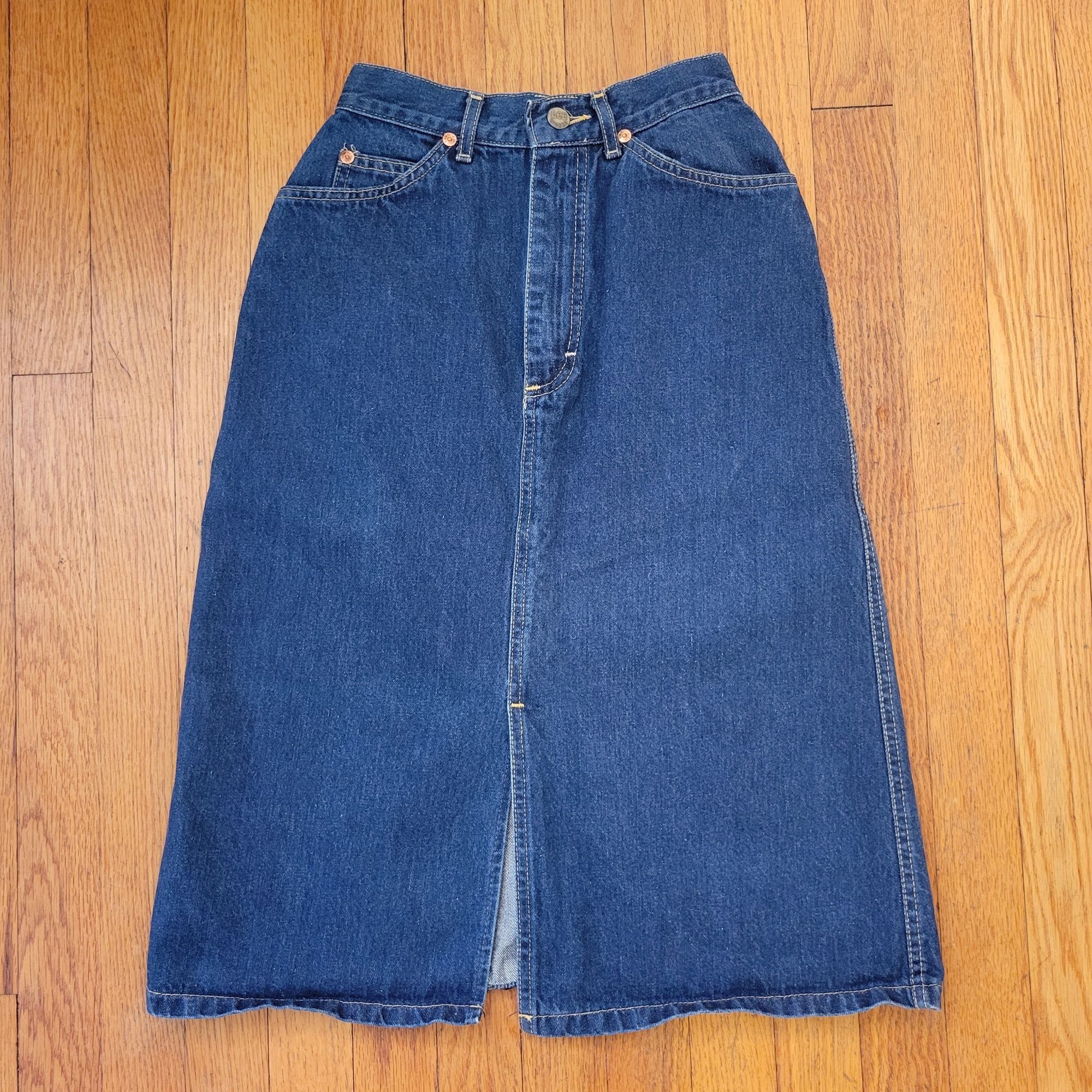 Lee Vintage Lee Riders 3 High Waisted Denim Blue Jean Midi Skirt Size 23" - 1 Thumbnail