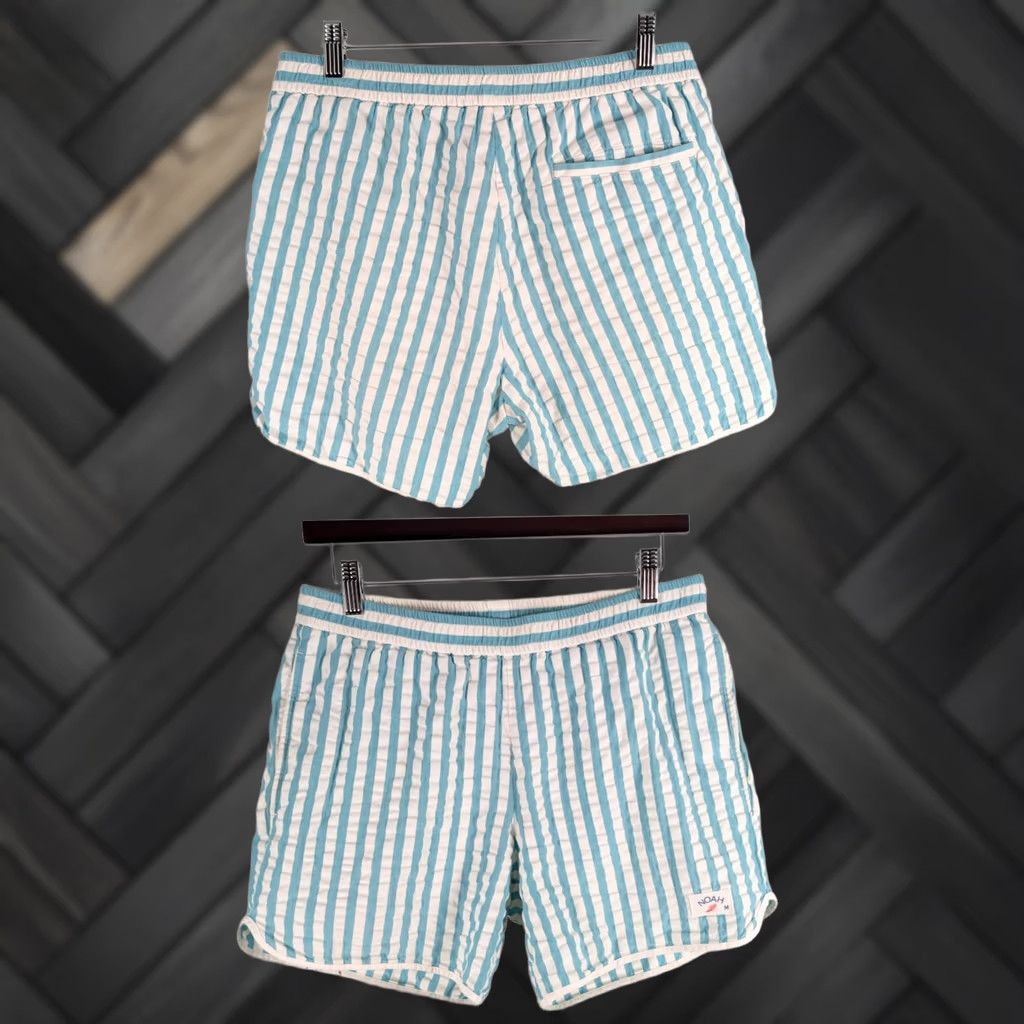 Noah NOAH Italy Striped Seersucker Swim Trunks Blue White Winged Foot Logo M Prep Bottom Mens Shorts Size US 31 - 1 Thumbnail