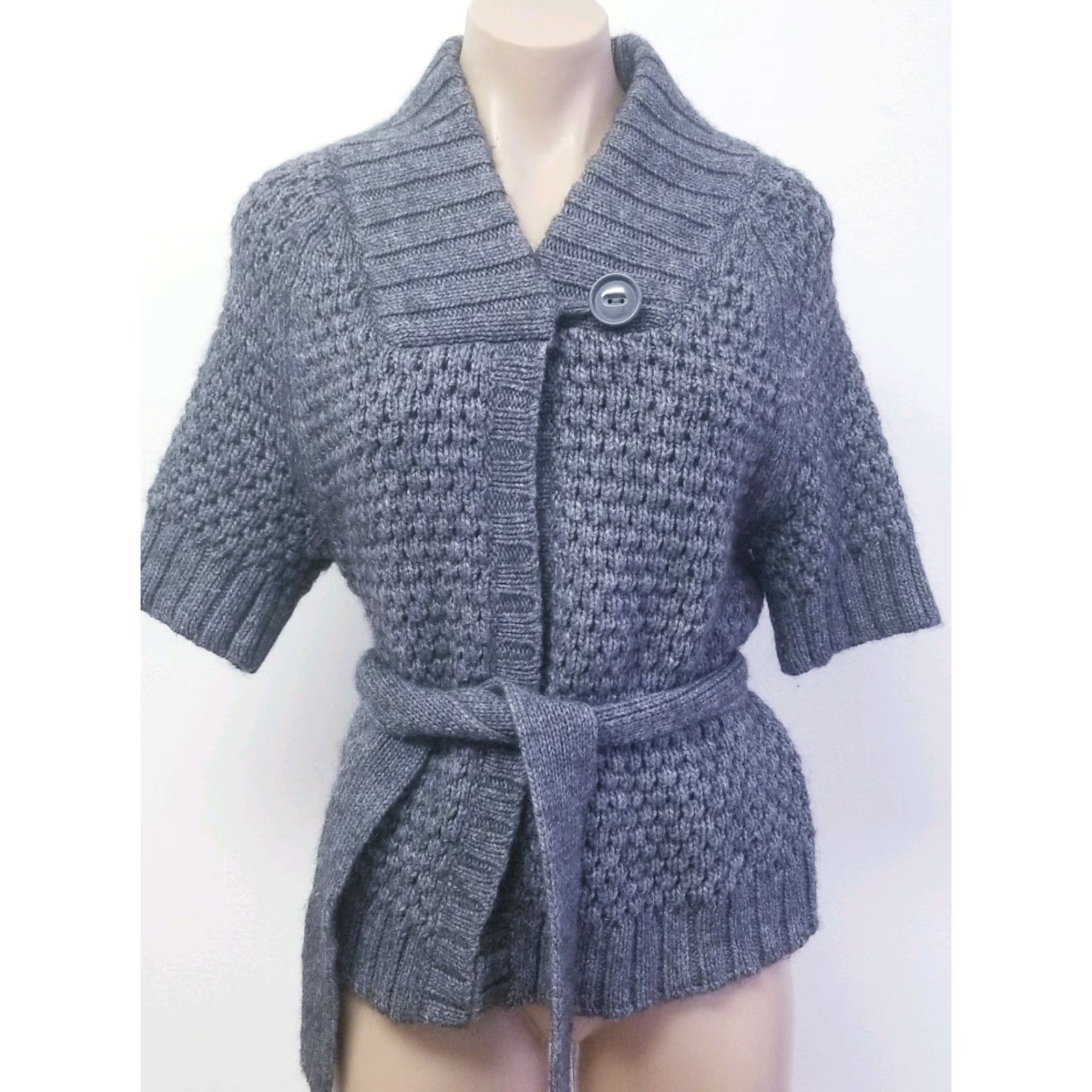 H&M VINTAGE H & M Cardigan Sweater Heather Grey Knit Size M Short Sleeve With Belt Size M / US 6-8 / IT 42-44 - 2 Thumbnail