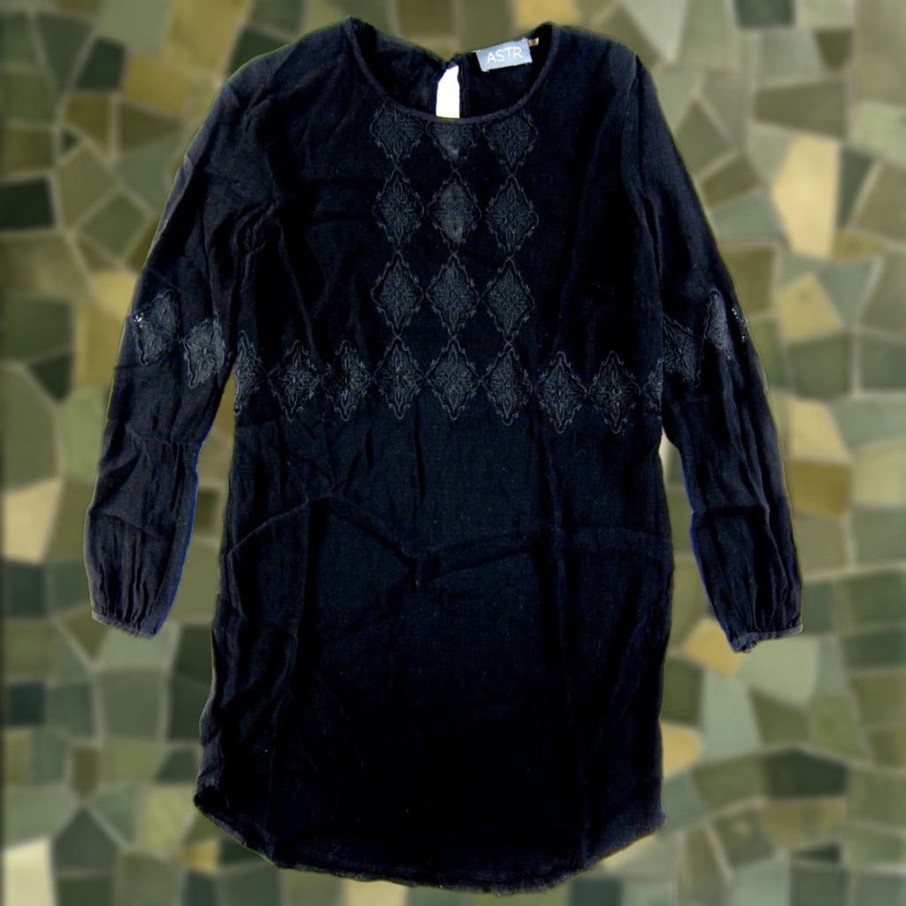 ASTR The Label ASTR The Label Silk Lace Black Long Sleeve Classic Tunic Shift Dress Small Size S / US 4 / IT 40 - 1 Thumbnail