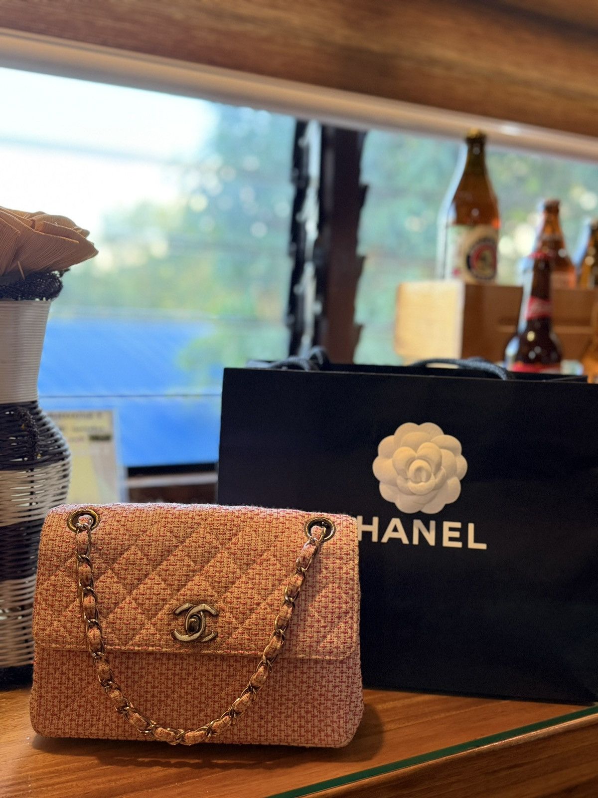 Chanel Chanel Woven Raffia Pink White Small CC Shoulder Flap Bag Size ONE SIZE - 1 Thumbnail