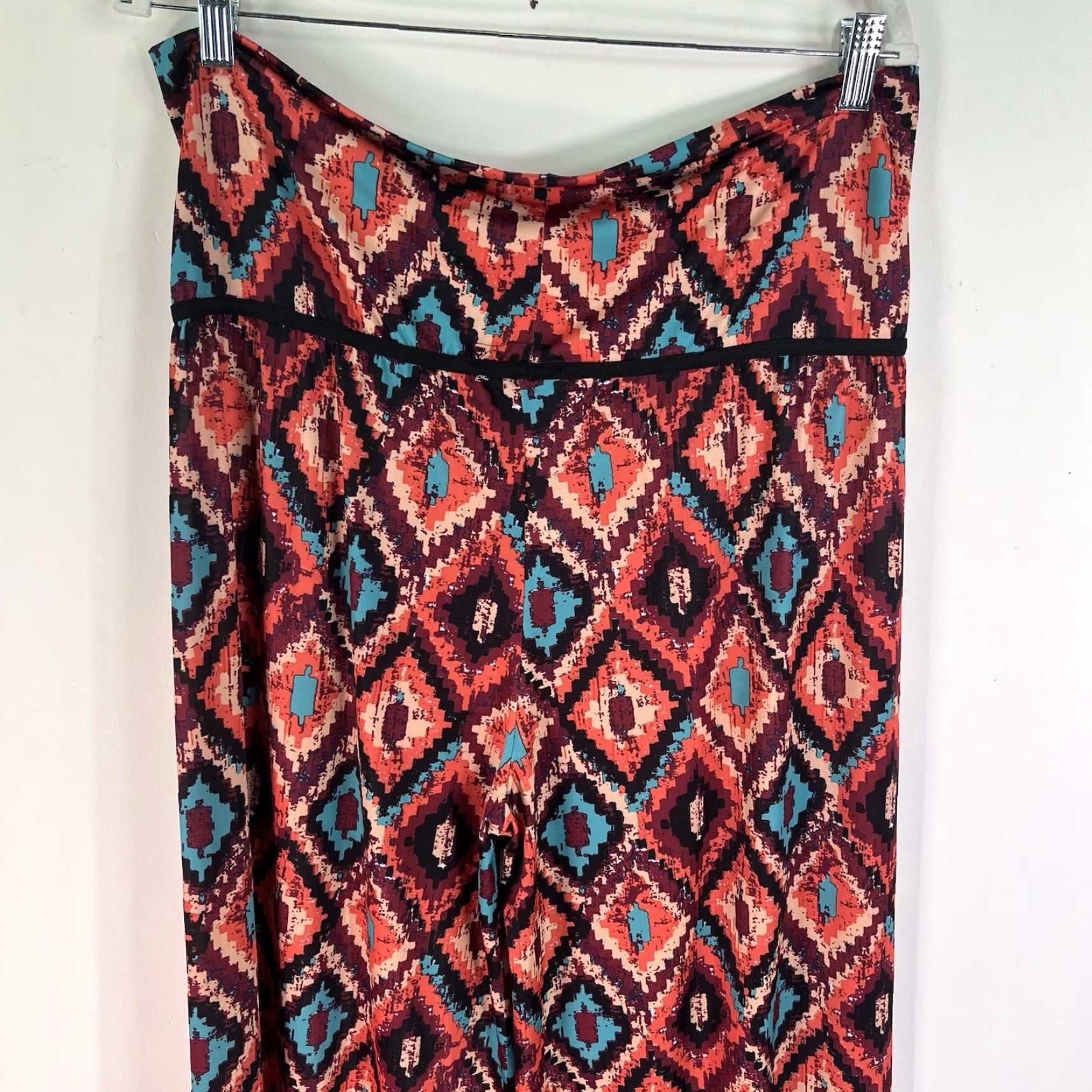 Vintage L Bisse Pants Women XL Orange Geometric Stretch Flare Leg Elastic Waist Size 40" / US 18 - 5 Thumbnail